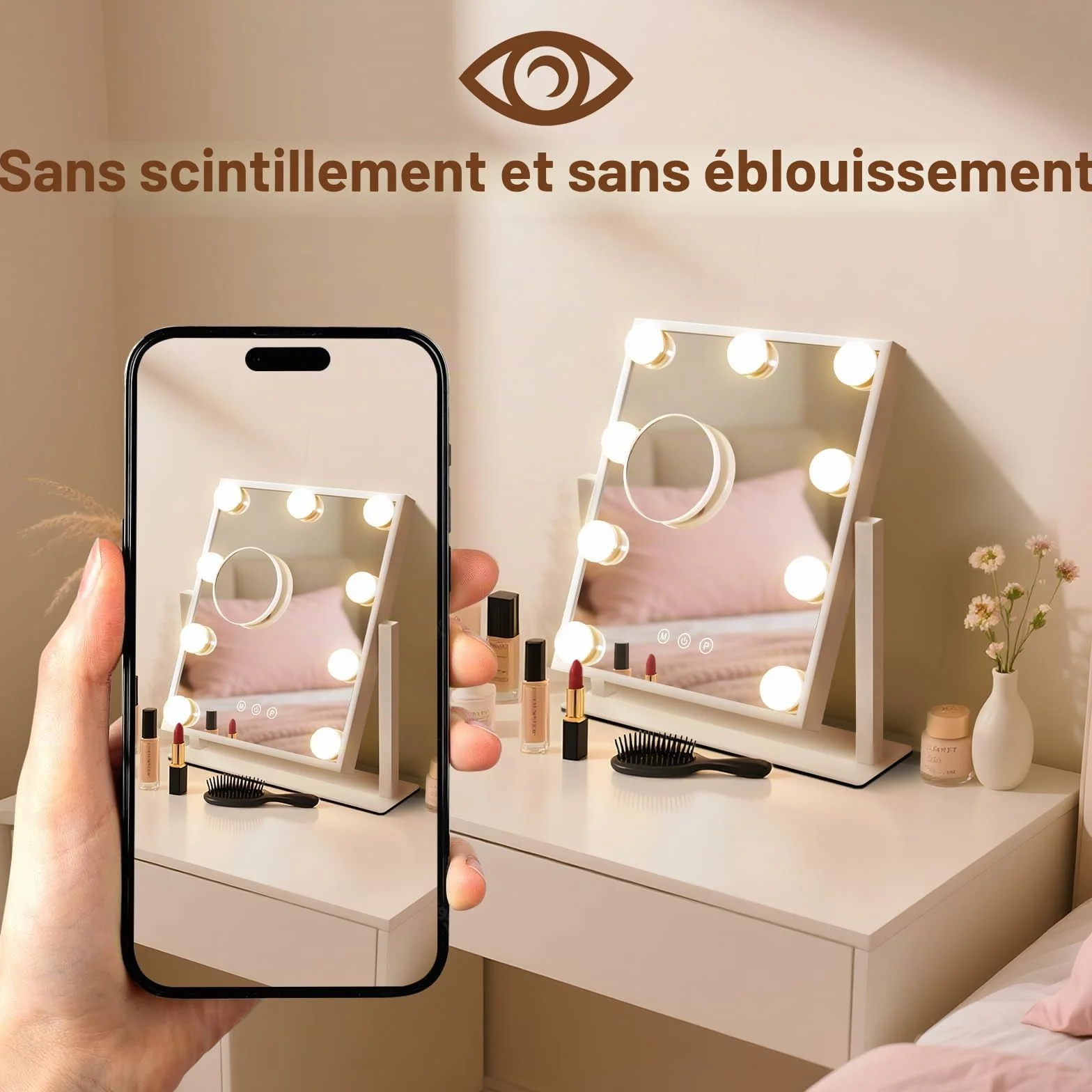 Miroir de Maquillage Hollywood avec éclairage LED 9 LED - Miroir vanité - Rotation 360° 3 Modes - Miroir de Coiffeuse Tactile