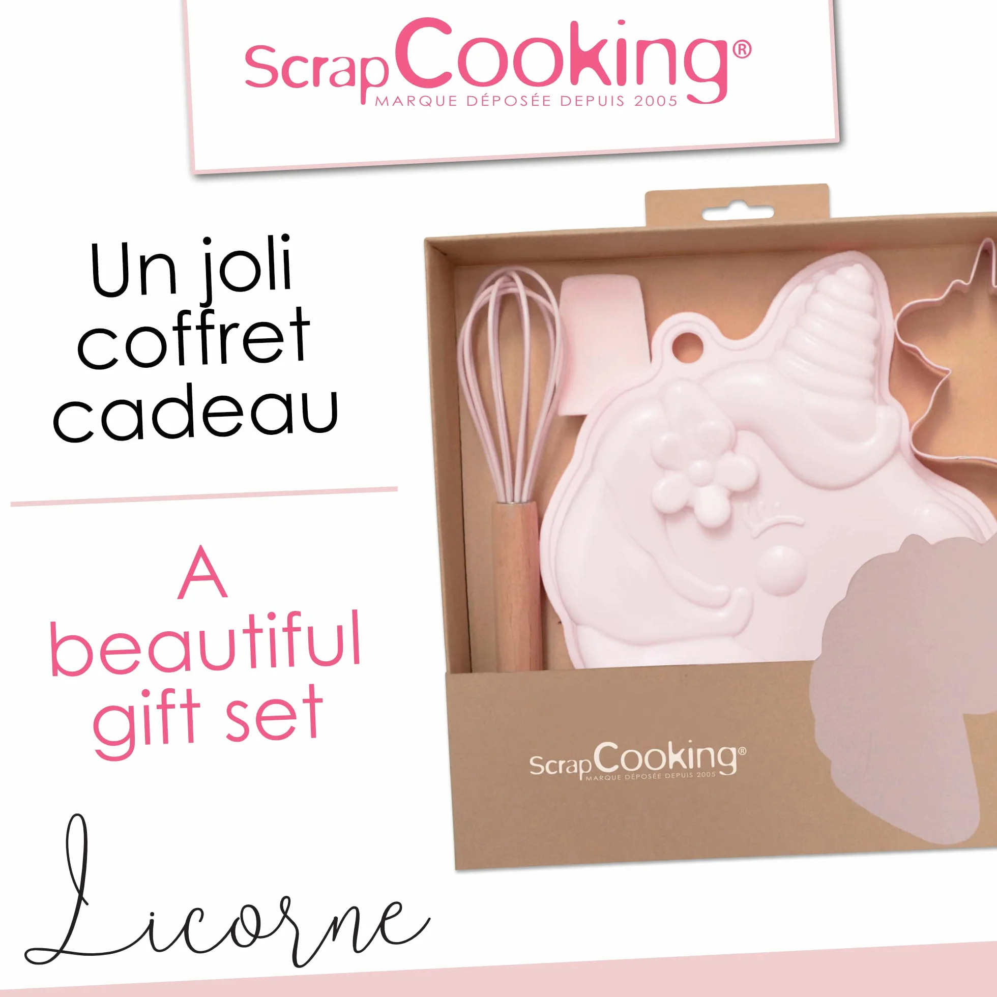 ScrapCooking Coffret Pâtisserie Licorne Enfants 4 Ustensiles Fouet Cuillère Moule Découpoir Bois Silicone Inox