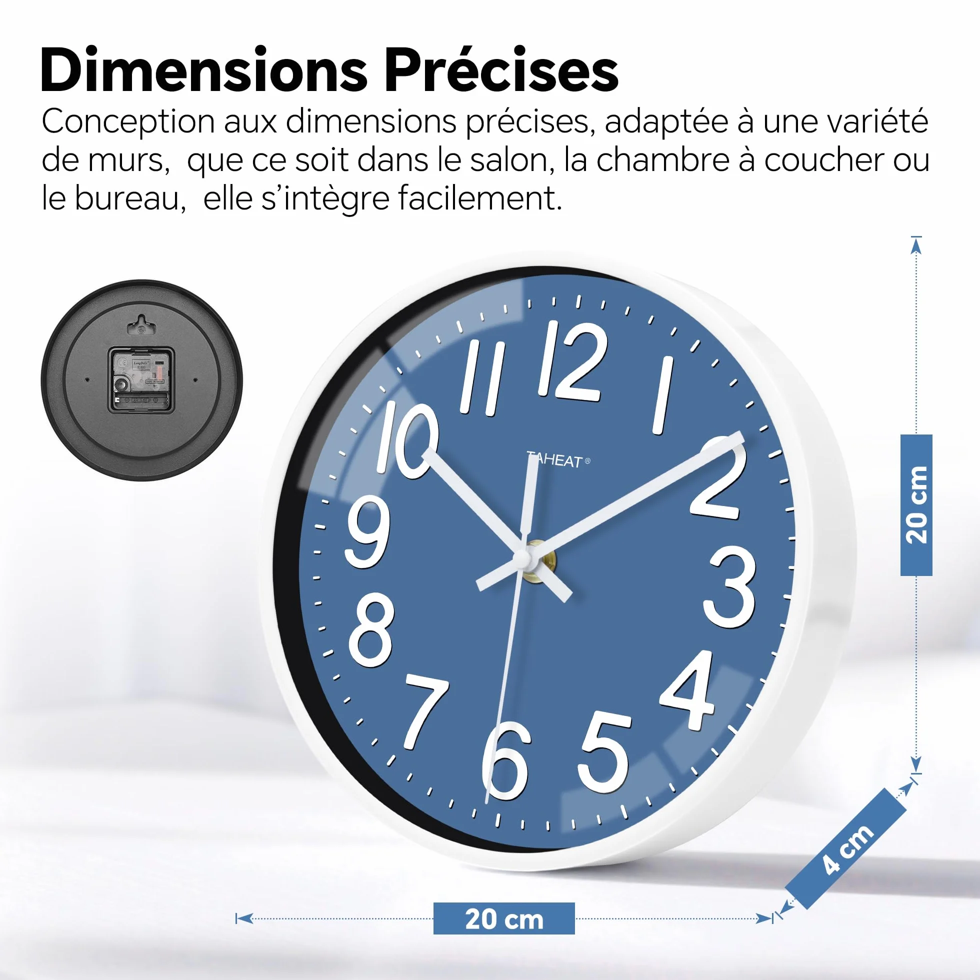 TAHEAT Horloge Murale Bleue 20 cm, Horloge à Quartz Silencieuse, Décoration Moderne