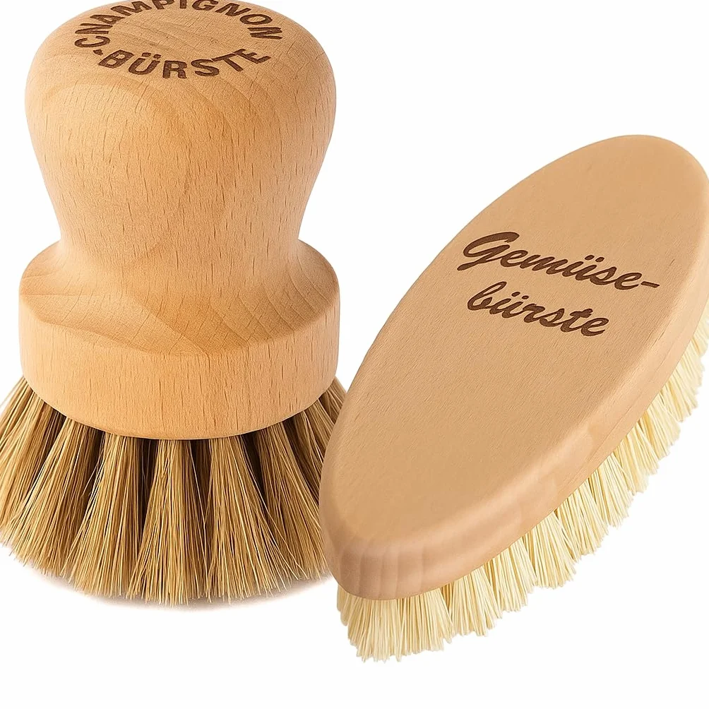 Chinchilla® Gemüse-Duo Set de brosses à légumes & Champignons en Bois - Poils naturels Fibre d'agave pour Nettoyage - Made in Germany