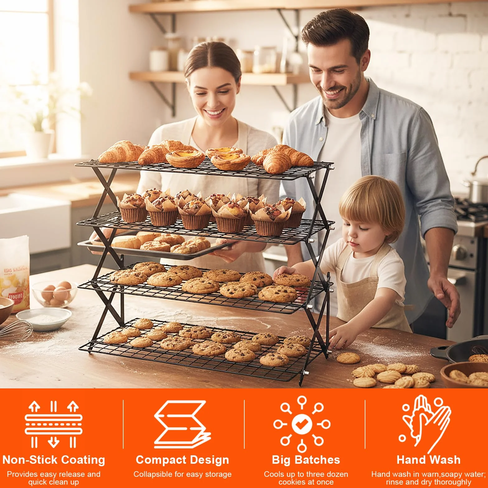 Grille de Refroidissement Pâtisserie Pliable 4 Niveaux Antiadhésif 43 x 24,5 cm
