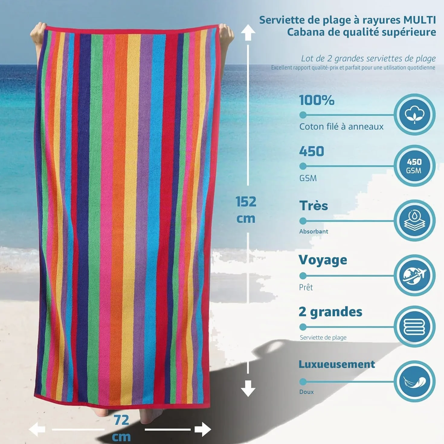 Serviettes de Plage Miami Vibe Lot de 2 100% Coton éponge Ringspun 450 g/m² 76 x 152 cm