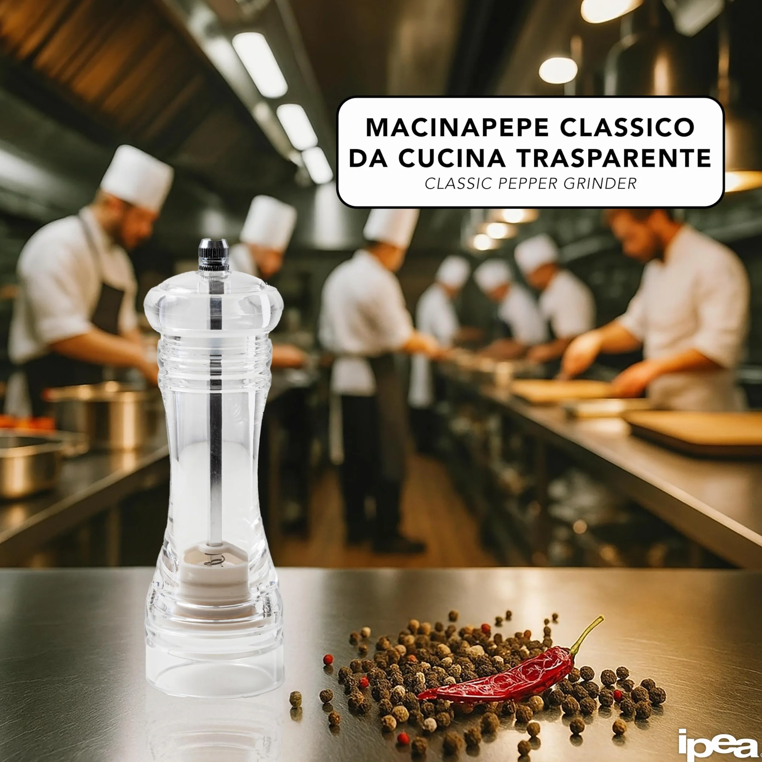 Moulin à Poivre Manuel en Bois Transparent IPEA avec Broyeur en Métal pour Épices, Sel et Piment