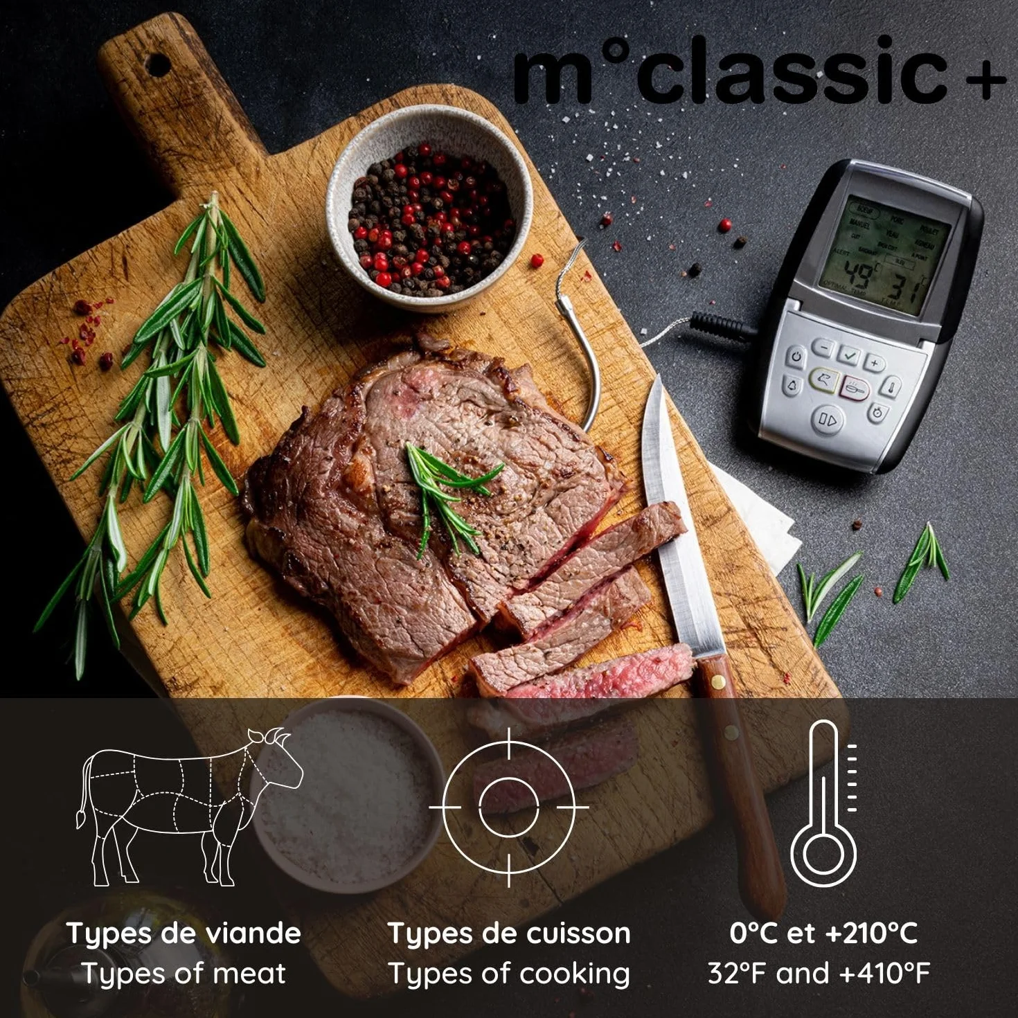 Mastrad Thermosonde De Cuisson m°classic+ Thermomètre Sonde 0-210°C Programmable Viande Cuisson Compatible Four BBQ Induction Alarme Temps Restant 1 Pile AAA