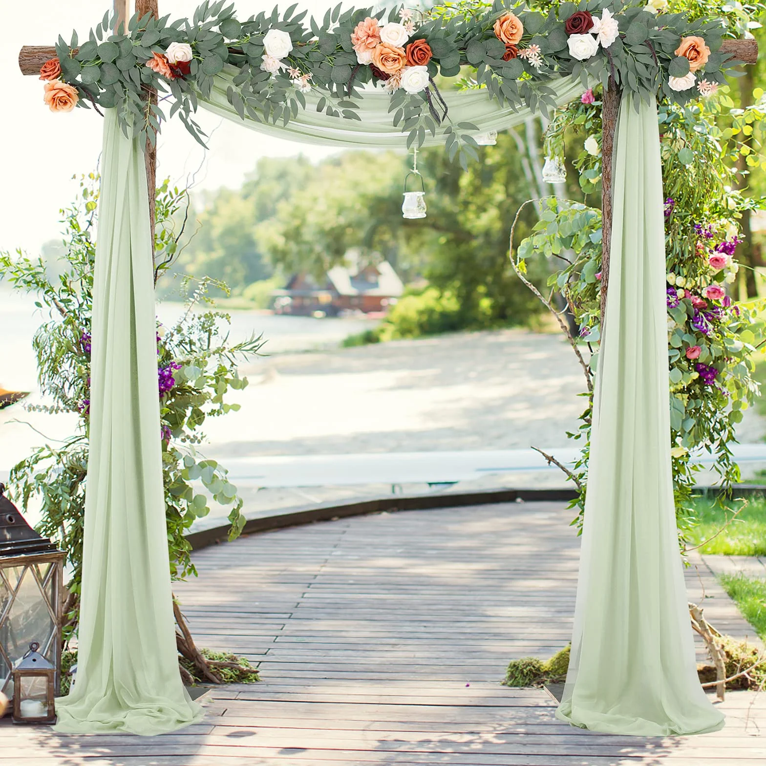 Mariage Arche Tenture Voilage Drapés Mousseline Élastique 70 x 550 cm Décoration Toile Fond Rideau Gaze Gris Vert