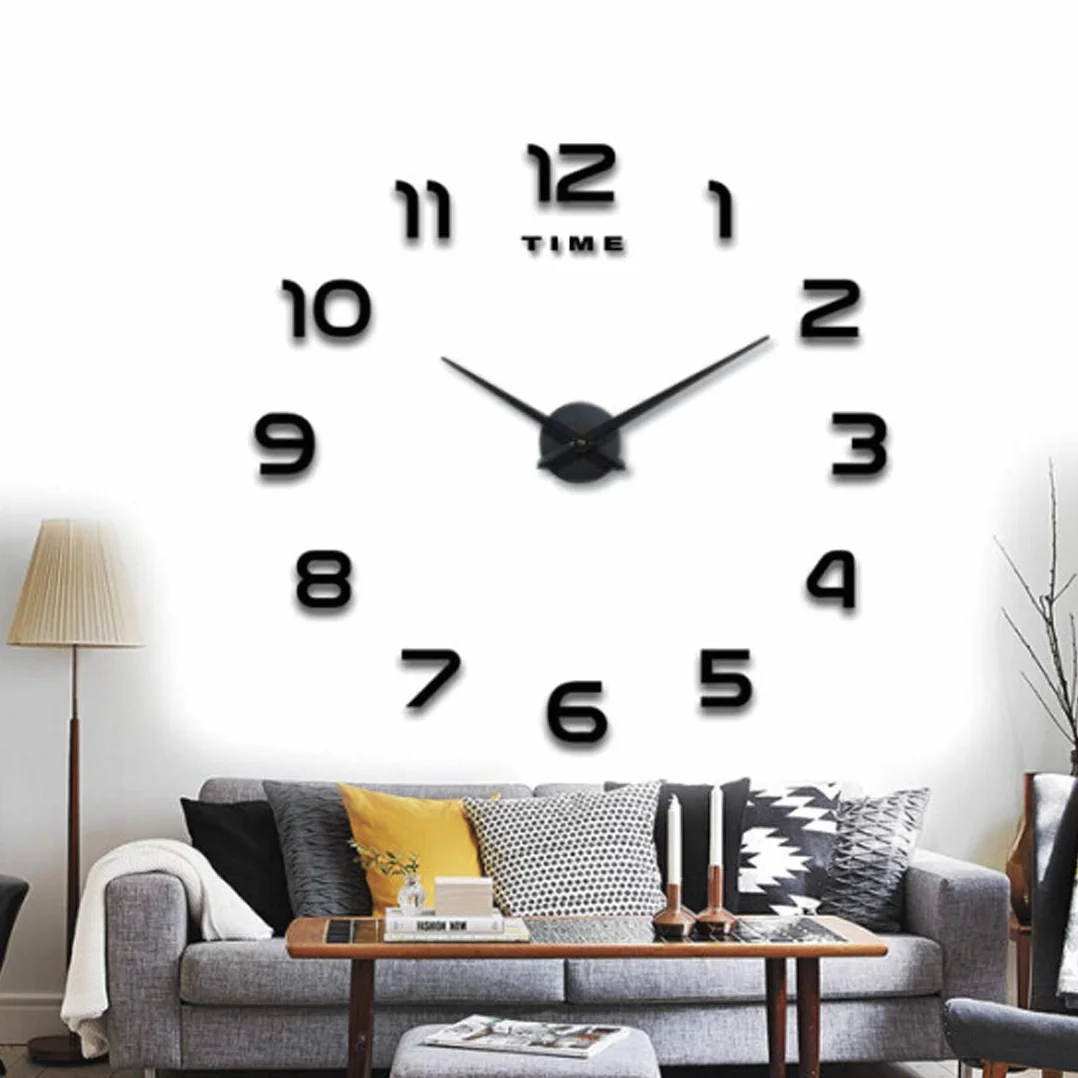 Horloge Murale 3D Miroir Autocollant Métal Silencieuse, Décor Moderne 60-90 cm Noir