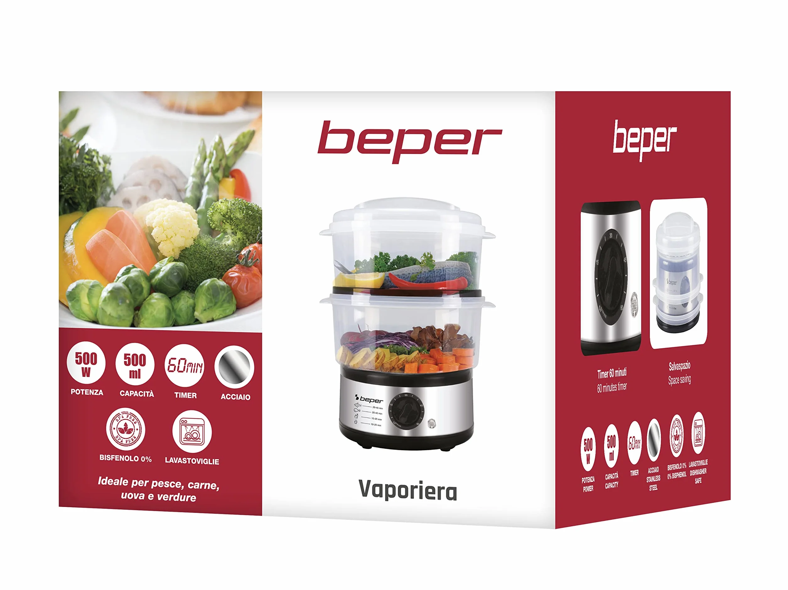 BEPER BC.261 Cuiseur Vapeur 5 Litres avec Minuteur Électrique Sans BPA