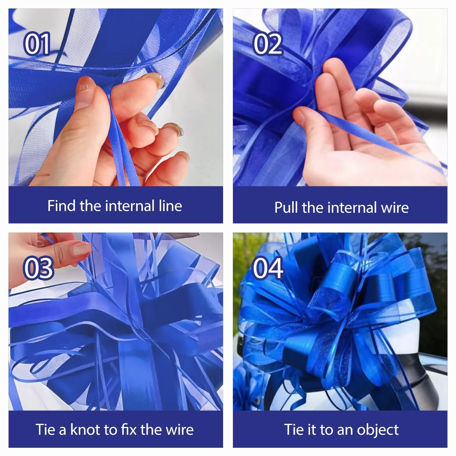 Nœud Cadeau Bleu Grand 25cm - Ruban à Tirer Manuellement pour Emballage Mariage Anniversaire Noël
