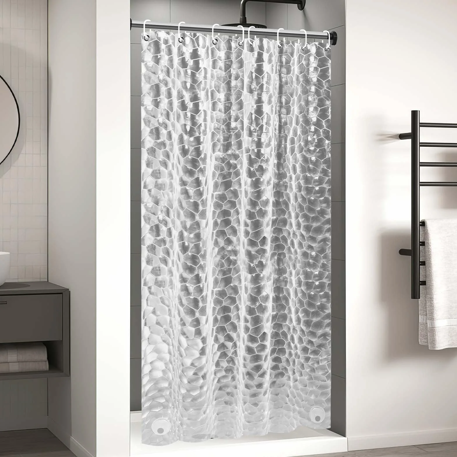 Rideau de Douche 120 x 200cm, 3D Semi Transparent EVA Anti Moisissure Imperméable avec 8 Anneaux