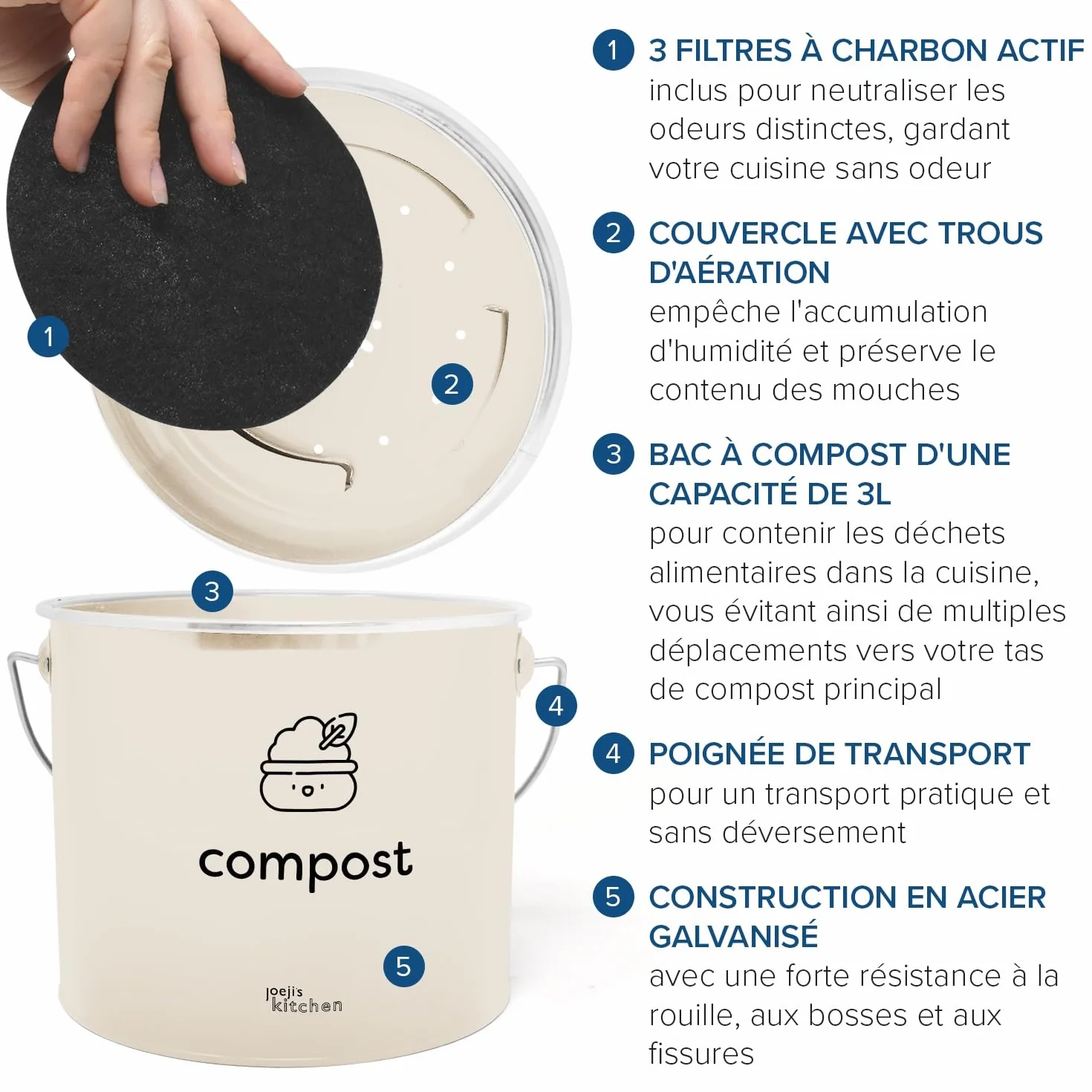 Bac à Compost 3,5 l – Compost de Cuisine Compact en Acier Galvanisé avec Filtres à Charbon