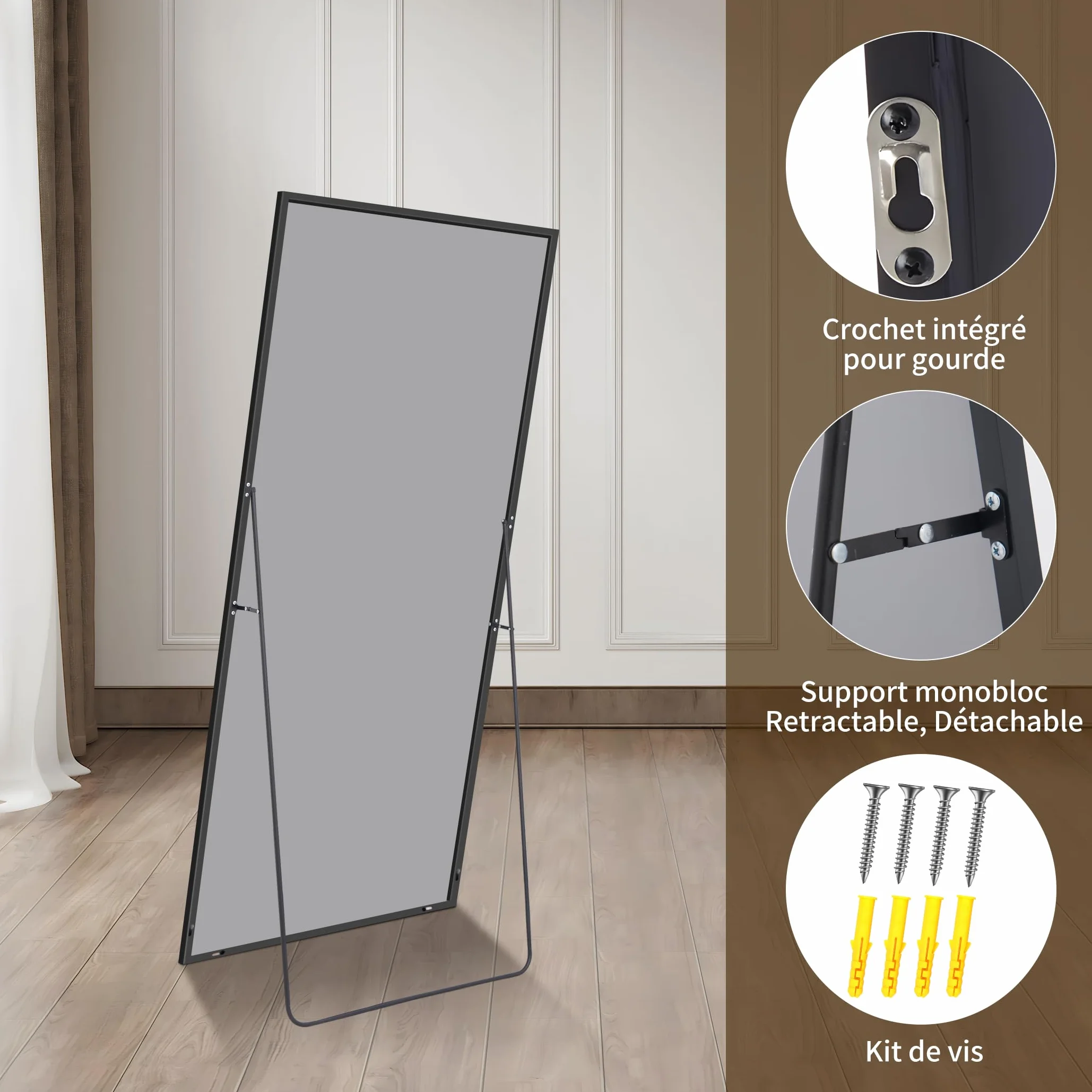 Miroir Intégral 44 x 147 cm Rectangulaire Grand Miroir Mural Cadre Noir