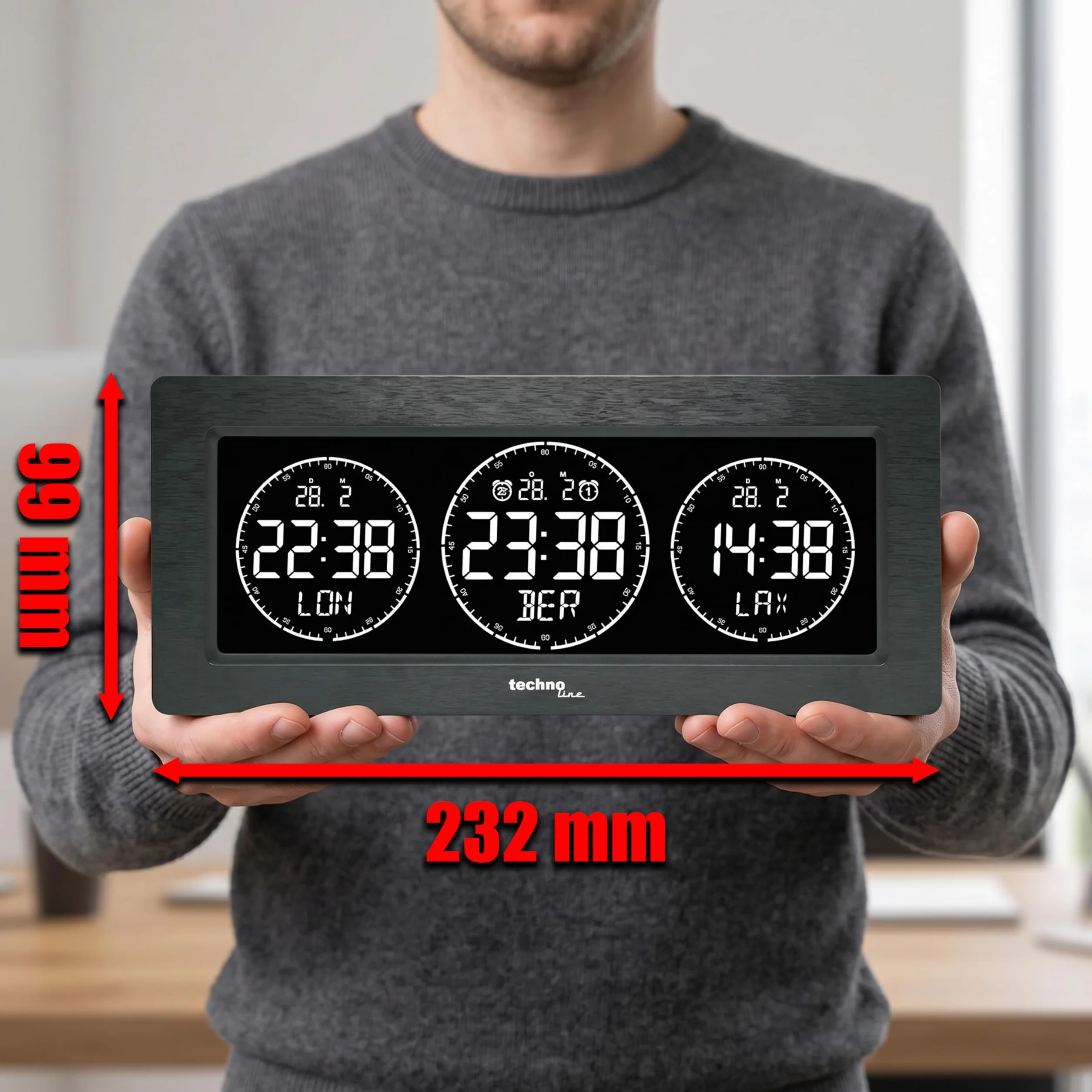 Technoline Horloge numérique Mondiale LED Noir, 3 affichages de l'heure, programmable
