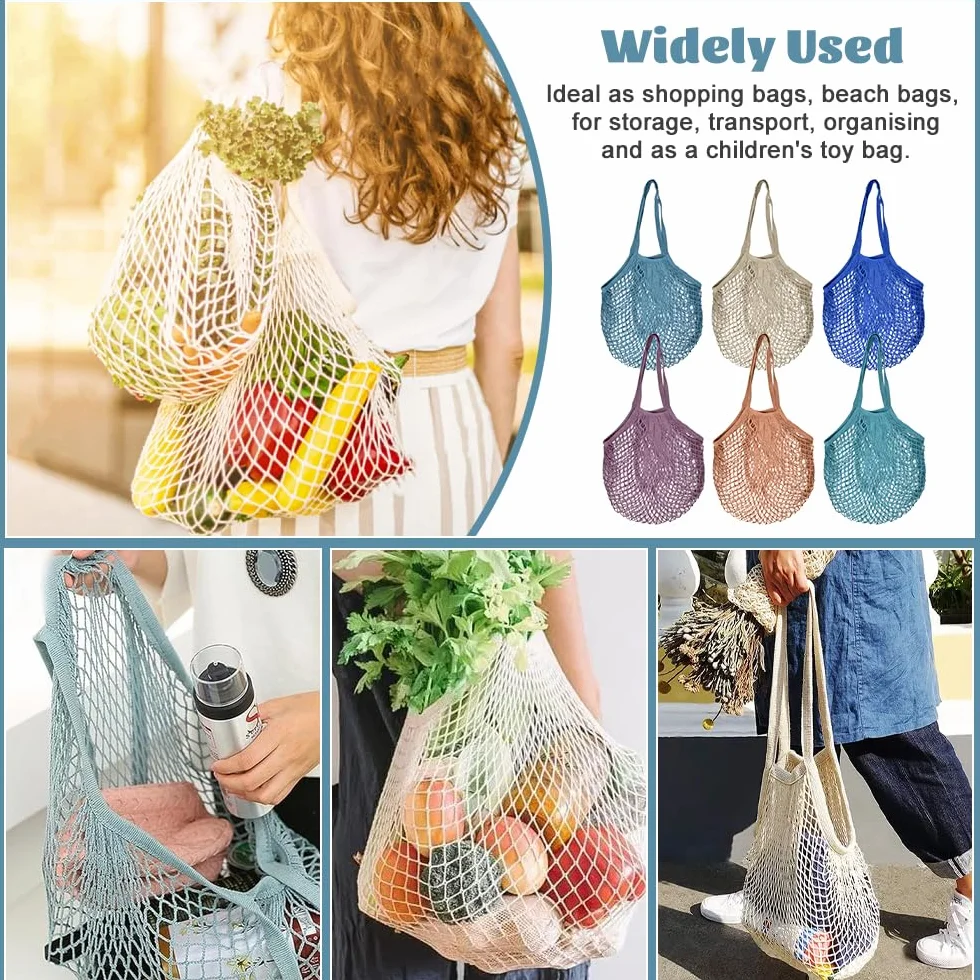 Sacs de Courses en Maille Coton 60x30 cm, Filet Provision Longue Poignée, Sac à Provisions Respirant pour Fruits Légumes, Lot de 6