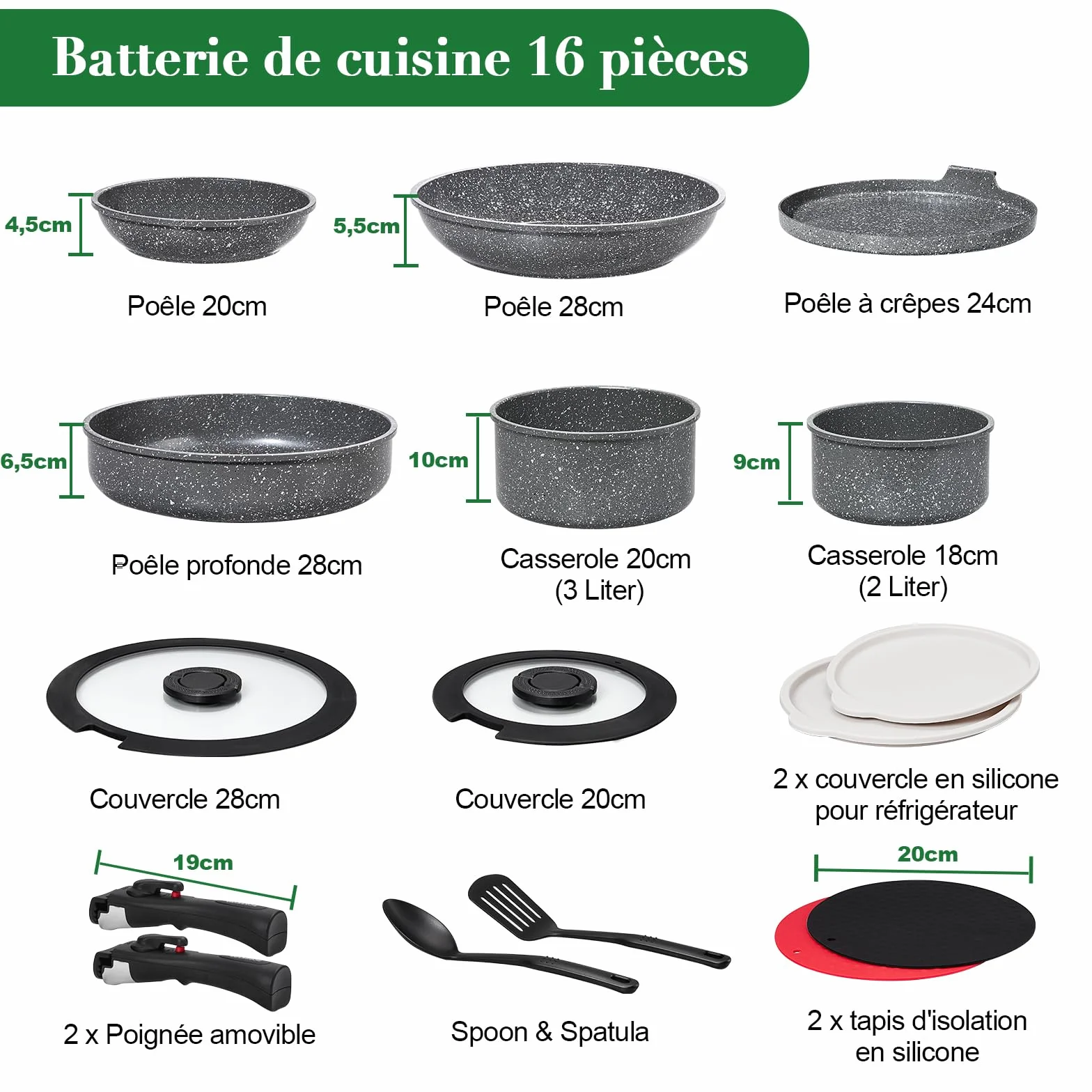 Batterie de cuisine induction 16 pièces 20cm/28cm poignées amovibles empilable antiadhésif céramique sans PFAS gris