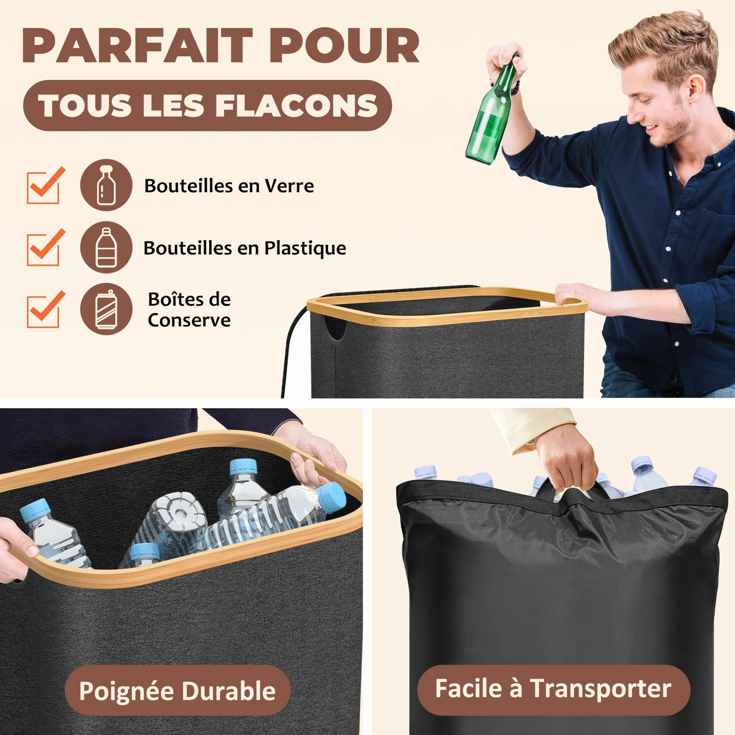 Poubelle Cuisine Tri Sélectif 100L Noir – Bac Recyclage Double Compartiment Bambou