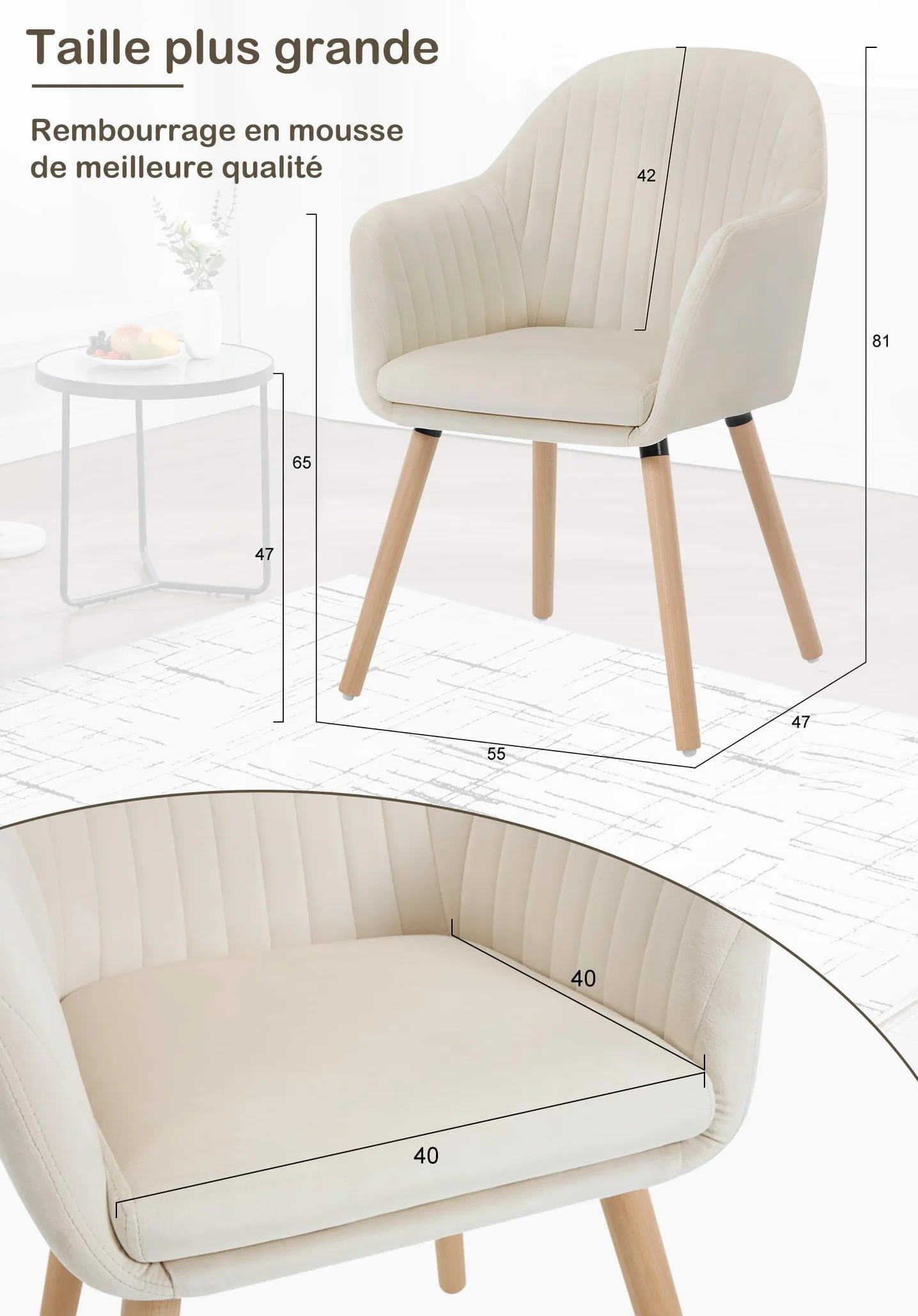 WOLTU Chaise de Salle à Manger en Velours, Pieds en Bois Massif, Charge Max. 150 kg, Crème Blanc