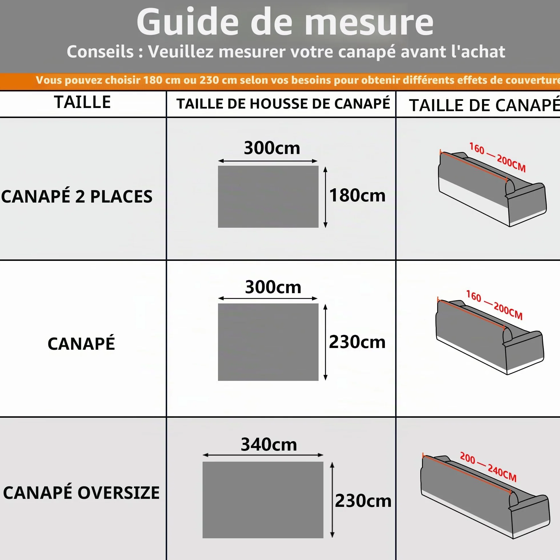 MYSKY HOME Housse de canapé 180 x 300 cm, lavable, antidérapante, anti-rayures, gris
