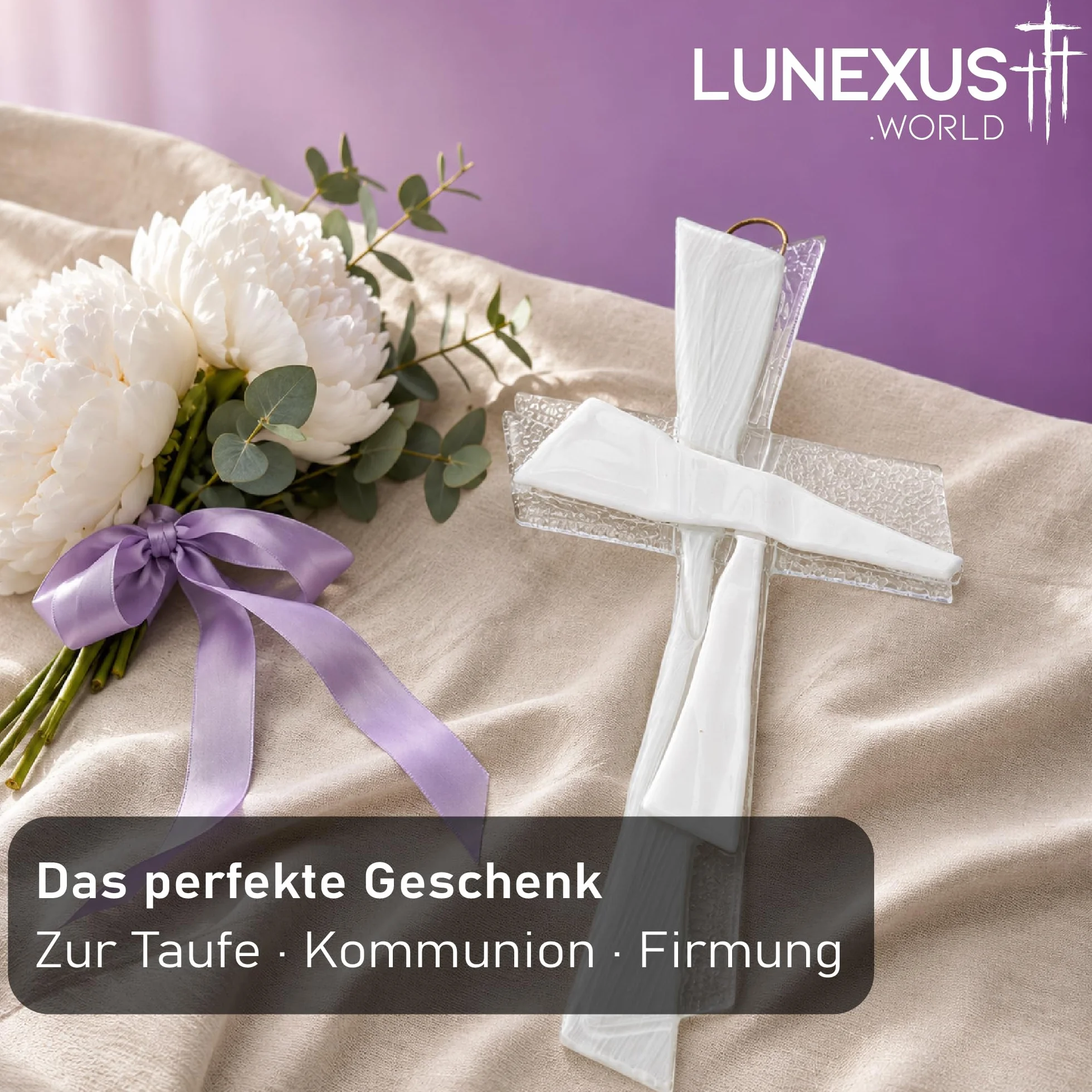 Lunexus Croix en verre blanc transparent 27 x 12 cm Cadeau de baptême communion confirmation Croix murale blanche faite à la main Allemagne certificat bénédiction