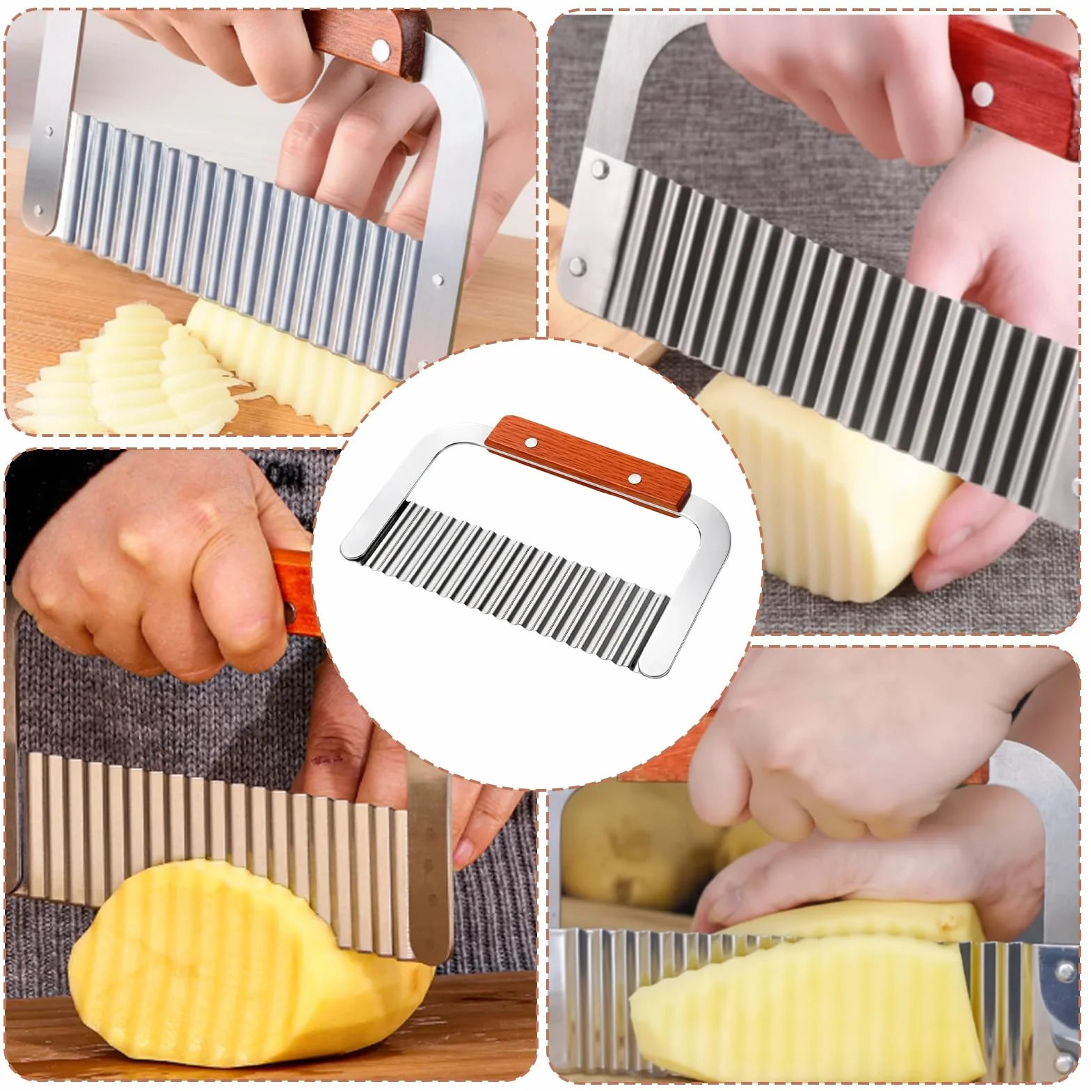 Coupe Frites Professionnel Acier Inoxydable Manche Bois Massif Multifonction Couteau Ondulé Rapeuse Légume