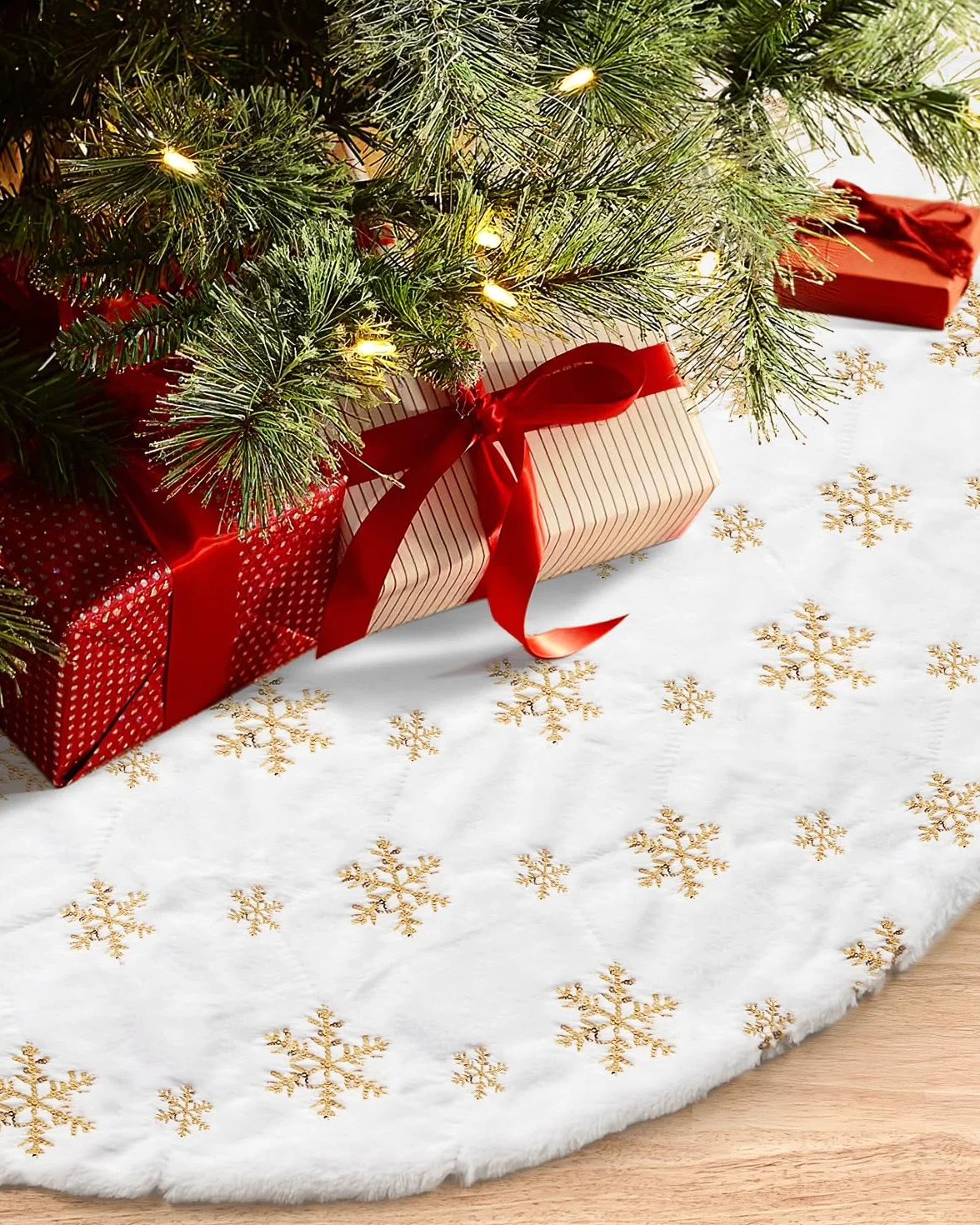 COOLWUFAN 48in 120cm Jupe de Sapin de Noël Blanc Doré Sequin Flocon de Neige