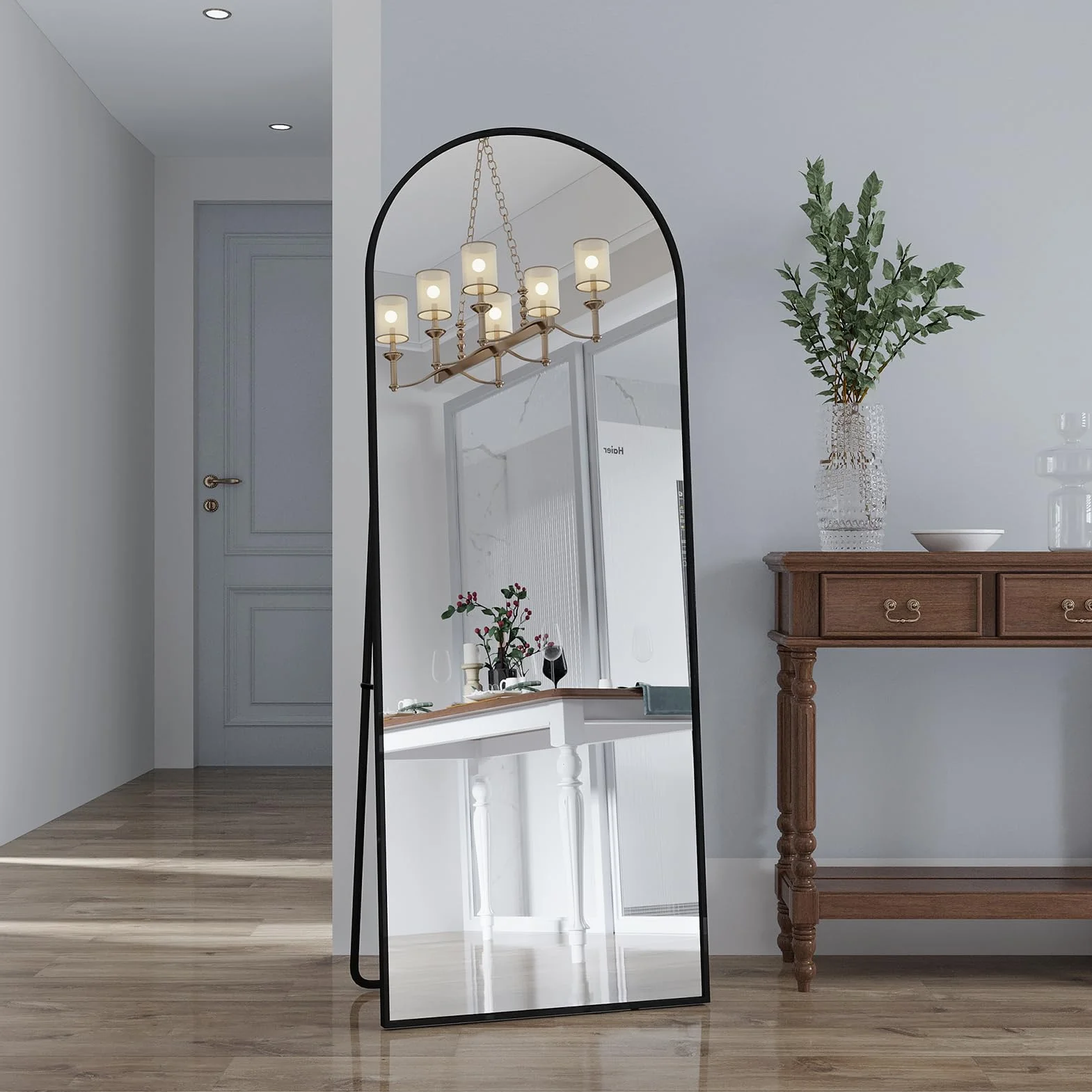 Miroir sur Pied 162x53 cm Grand Miroir Arqué Aluminium Noir Cadre Pleine Longueur