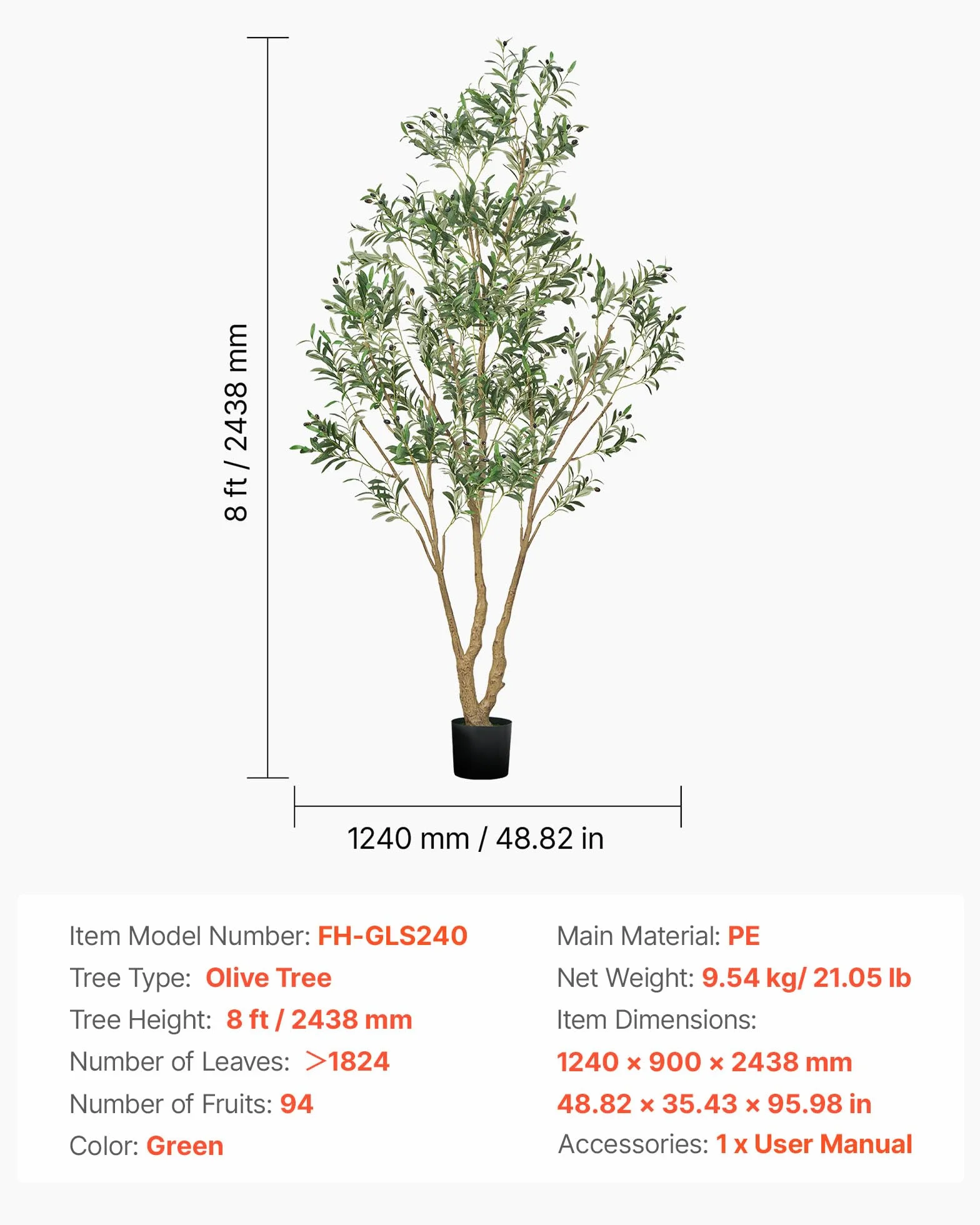 VEVOR Arbre Artificiel 2,4 m Olivier avec Pot Noir Faux Arbre Décoration Intérieur