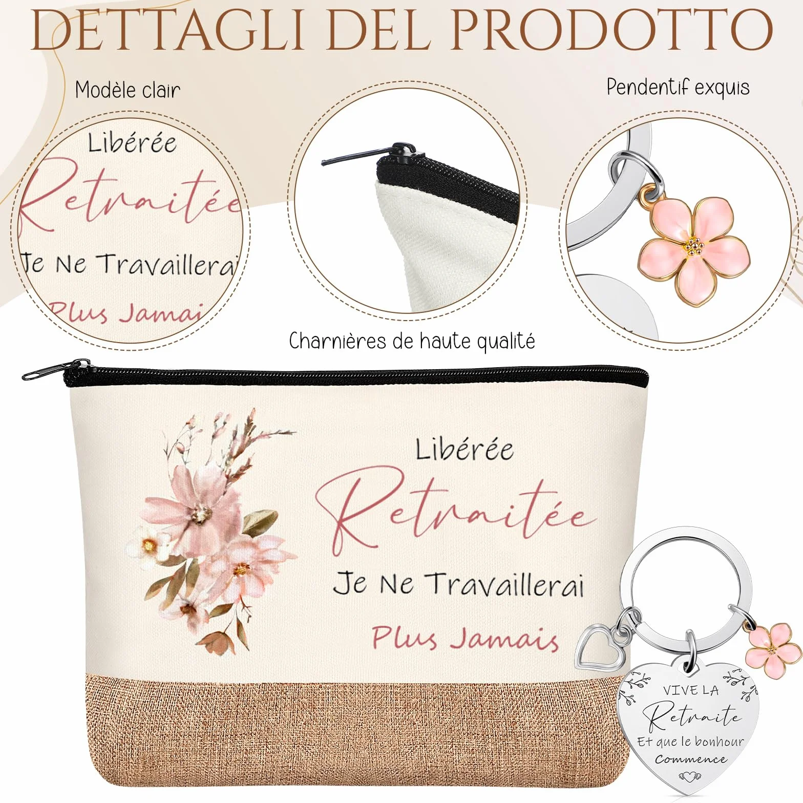 Cadeau Retraite Femme Sac à Main Tote Bag Trousse à Maquillage Pochette Cosmétique Porte-Clés Enveloppe avec Fleur