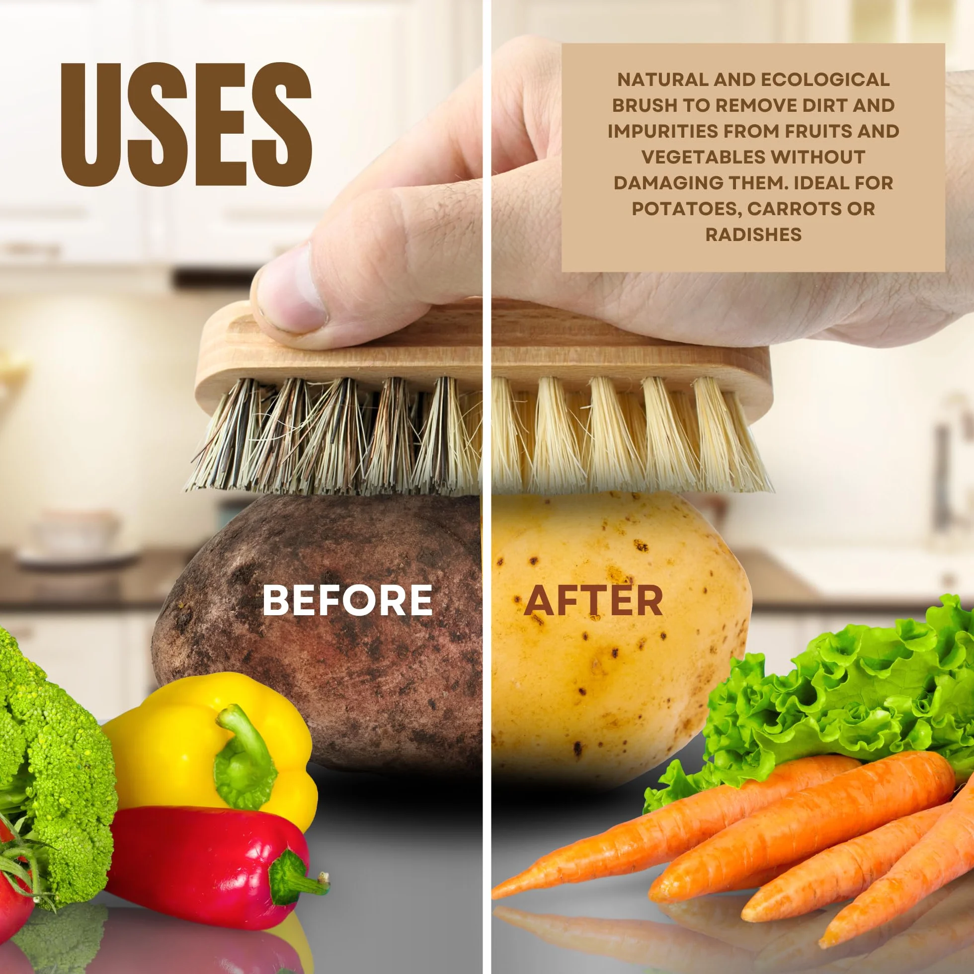 Brosse à légumes en hêtre pour fruits et crudités - Design ergonomique - Brosse de cuisine en bois