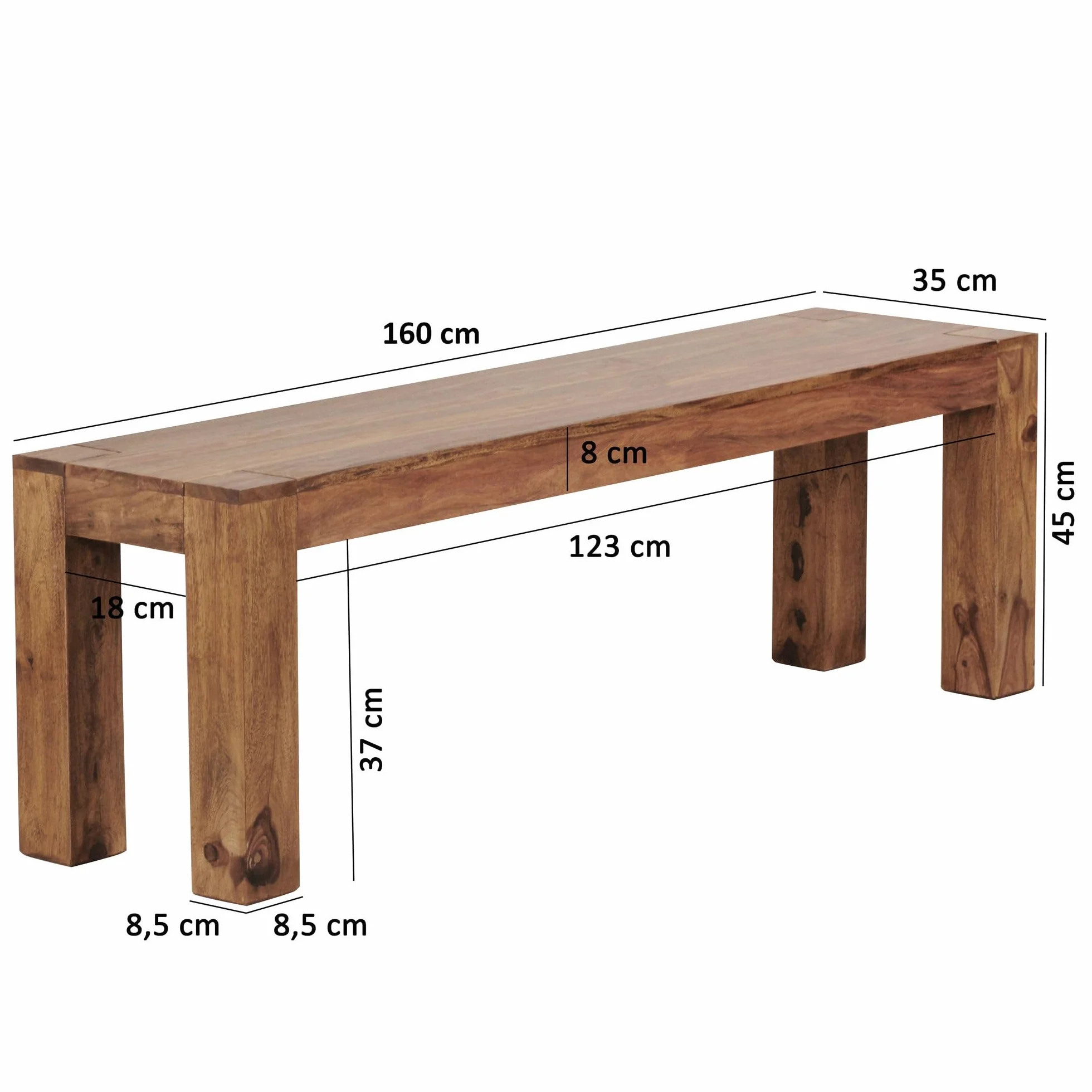 WOHNLING Banquette en Bois Massif Sheesham 160 x 45 x 35 cm Banc de Cuisine