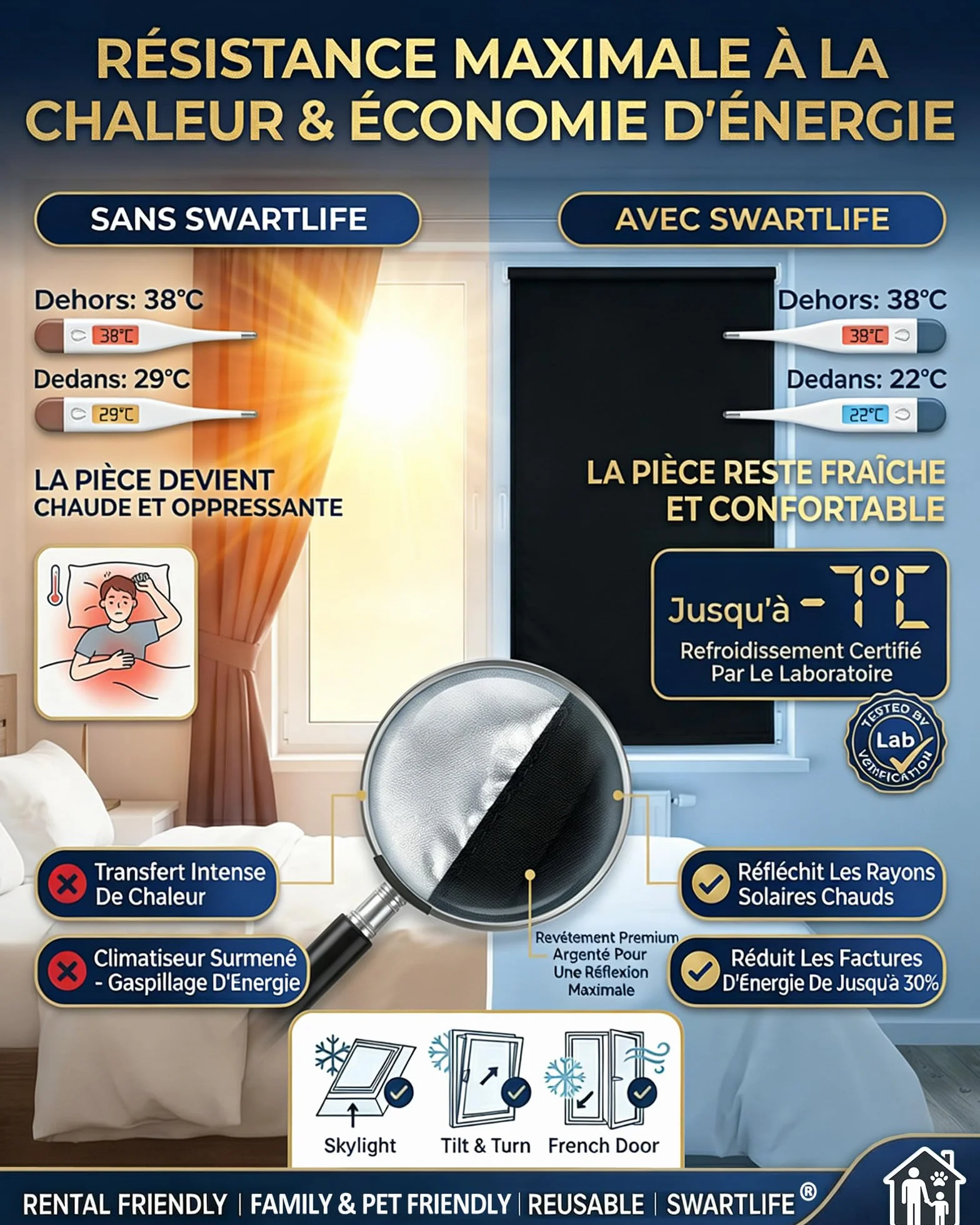 Occultant sans Perçage 240x145 cm Ventouses Auto-adhésif Fenêtre Protection Solaire Intérieure