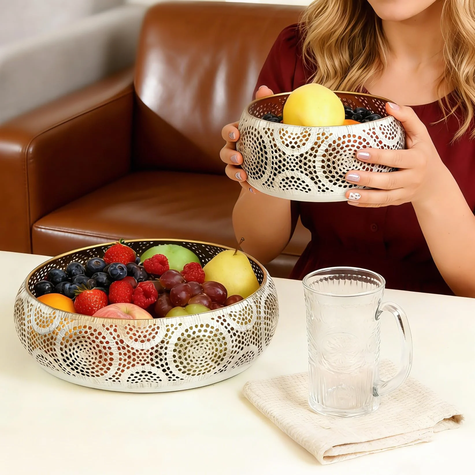 Lot de 2 corbeilles à fruits en métal doré 18/30 cm