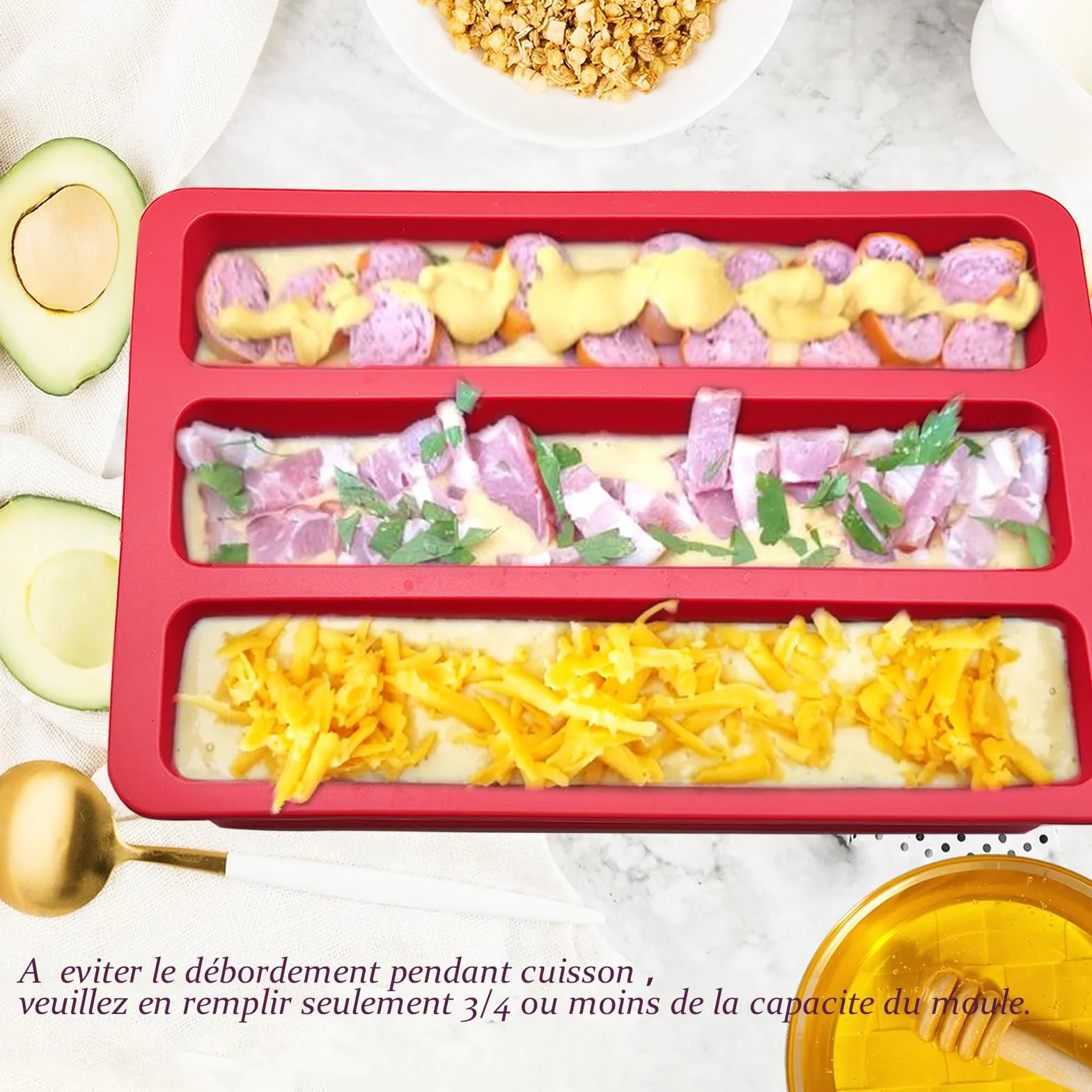 Moule Silicone Gâteau Rectangulaire 29x19cm Long Cake Apero Mini Cake 3 Cavités Rouge