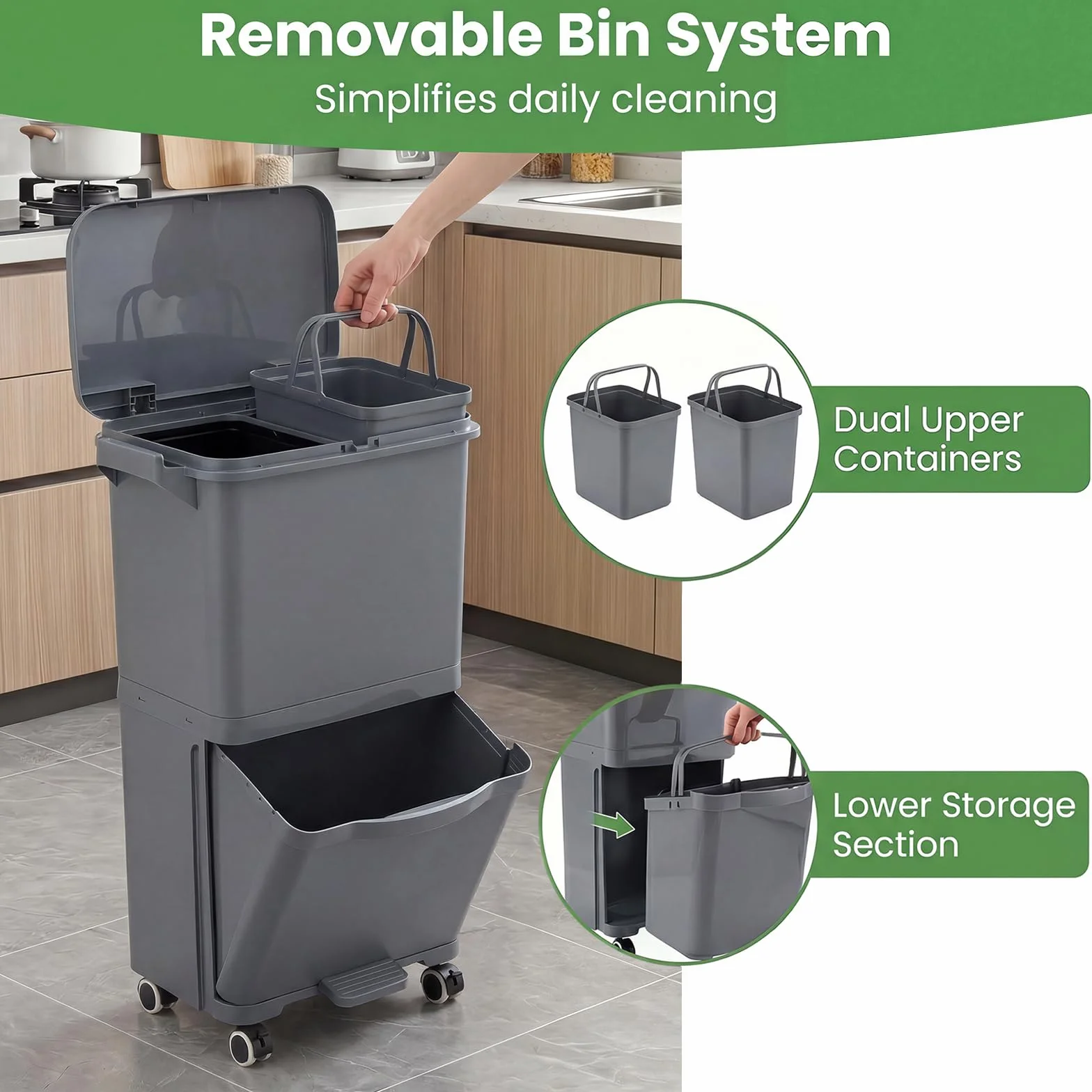 LIFEZEAL Poubelle de Cuisine 36L, Poubelle de Tri Sélectif 2 Niveaux, Pédale, Bac Inclinable, Plastique, Gris