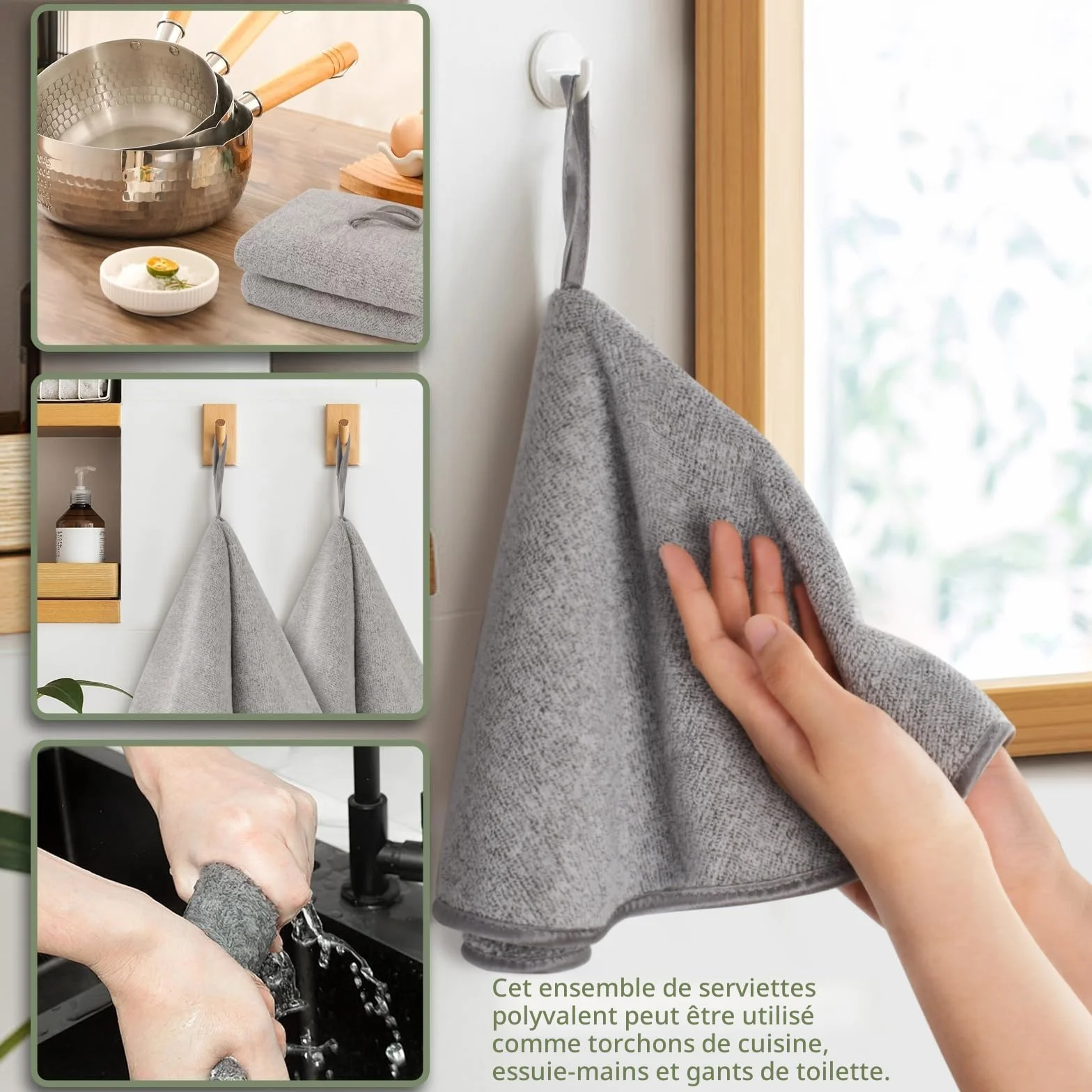 VIVOTE Lot de 2 Torchons Mains Cuisine Anneaux Essuie-Mains Salle de Bain Doux Absorbants Séchage Rapide Fibre Carbone Suspendre Cordon Gris 50x50 cm