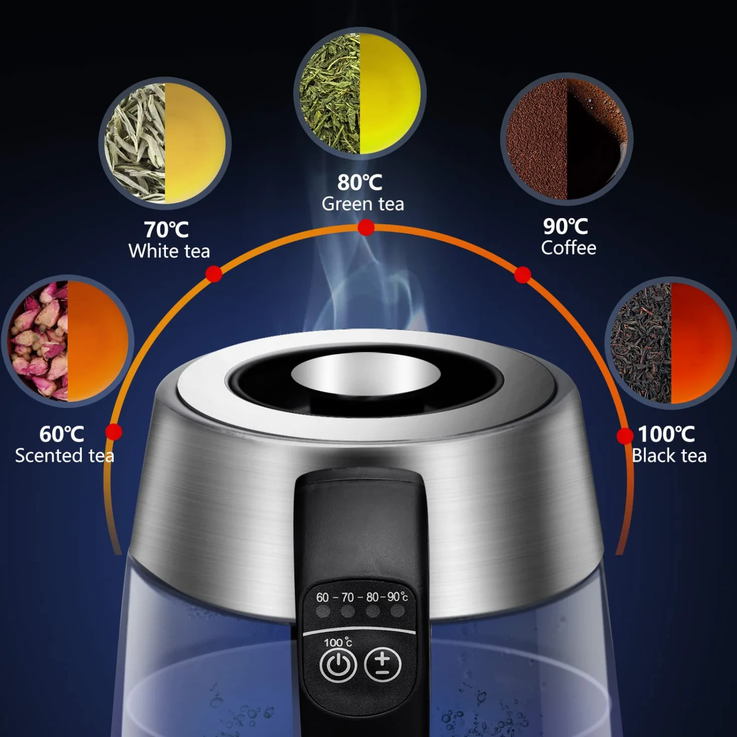 Aigostar Bouilloire en verre 2200W 1.7L Température Réglable 60-100°C Maintien au chaud Filtre à thé