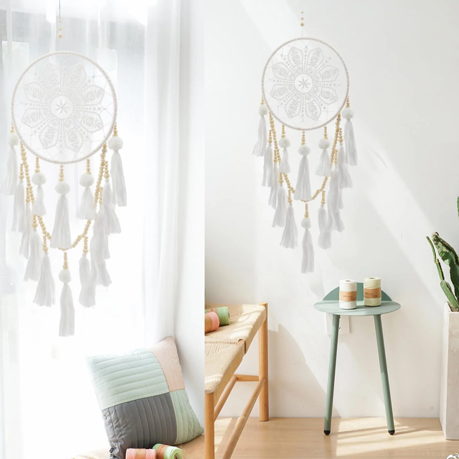 Attrape-rêves bohème fait main, décoration murale à pompons, ornement maison