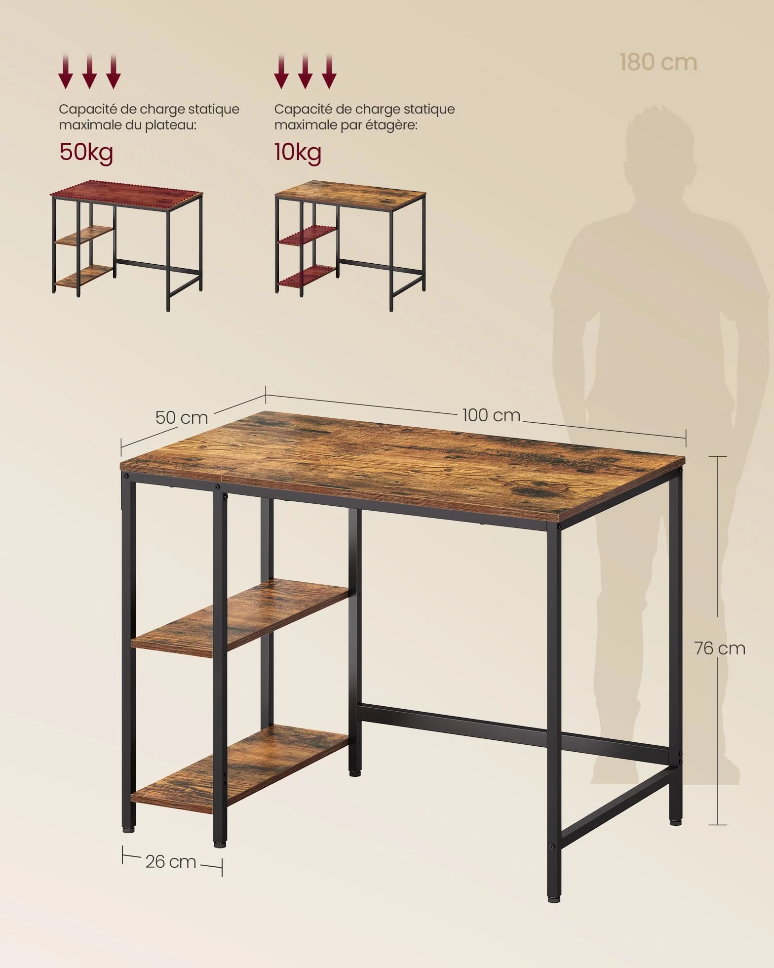 VASAGLE Bureau avec Rangement, Table d’Ordinateur avec 2 Étagères Réversibles, Cadre en Acier, Marron Rustique et Noir d'encre