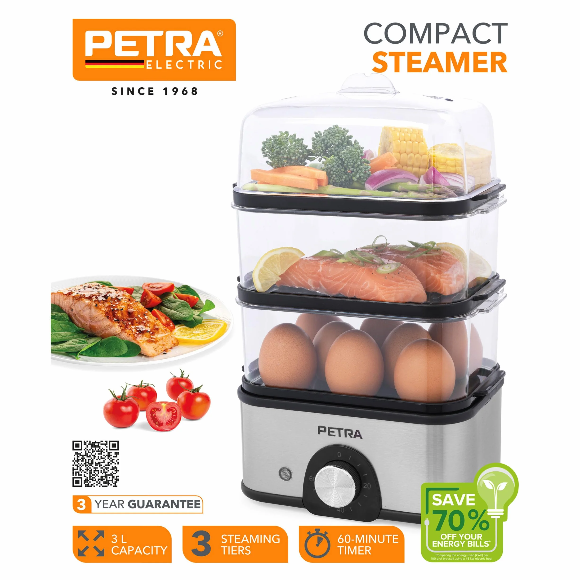 Petra Cuiseur Vapeur Électrique 3L 500W, Cuit Vapeur 3 Niveaux, Panier sans BPA, Minuteur 60min