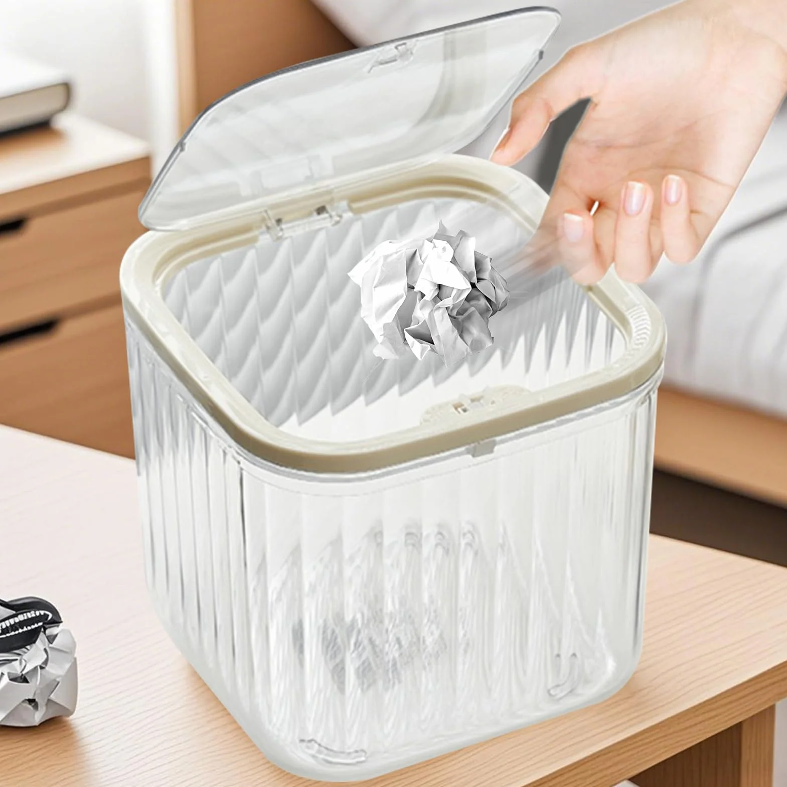 Générique Press Lid Desk Trash Can 6.02x6.02x5.51 Inches Transparent Garbage Container