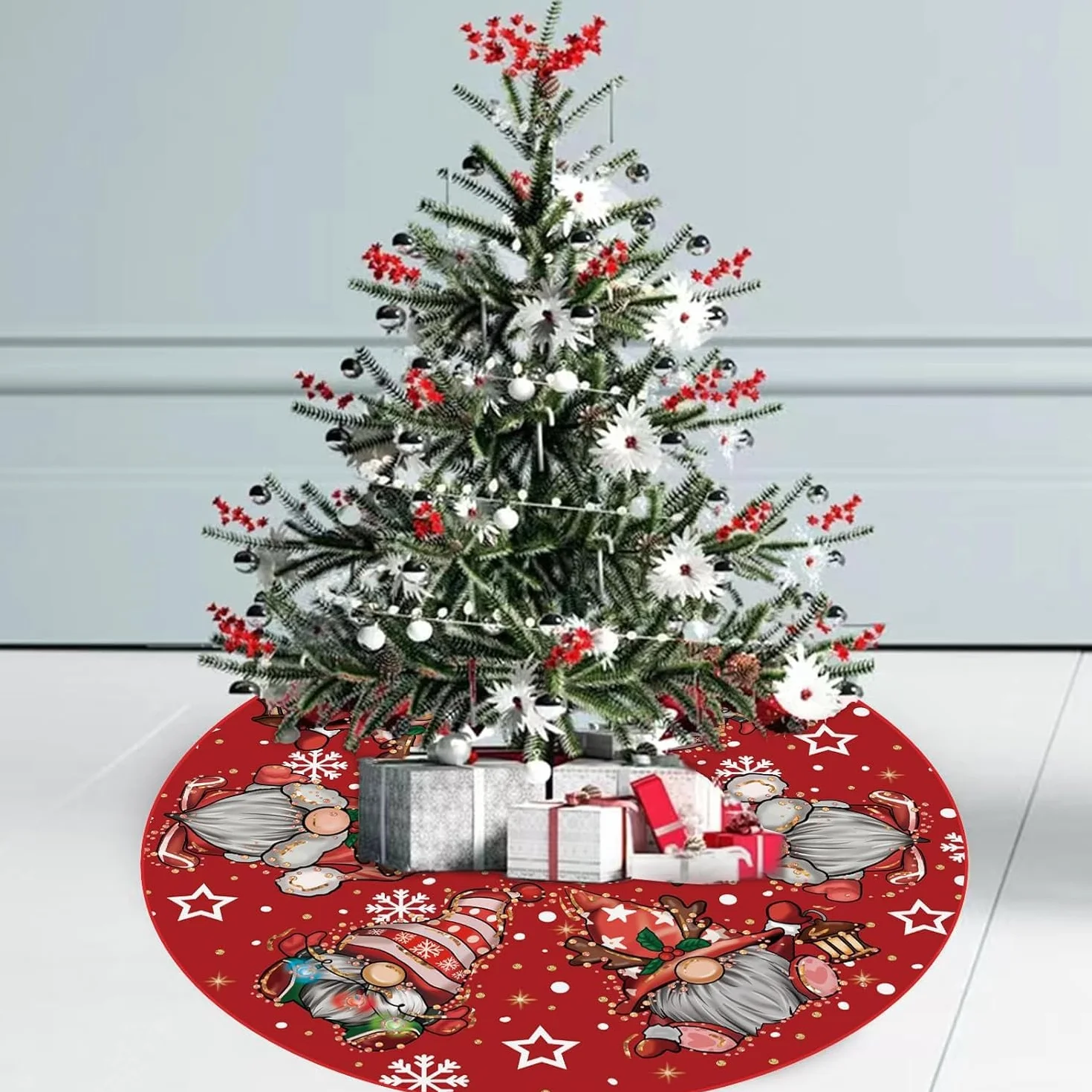 Jupe Sapin De Noël 120cm Couvre Pied Rond Rouge Motif GNOME Tapis Décorations Fête