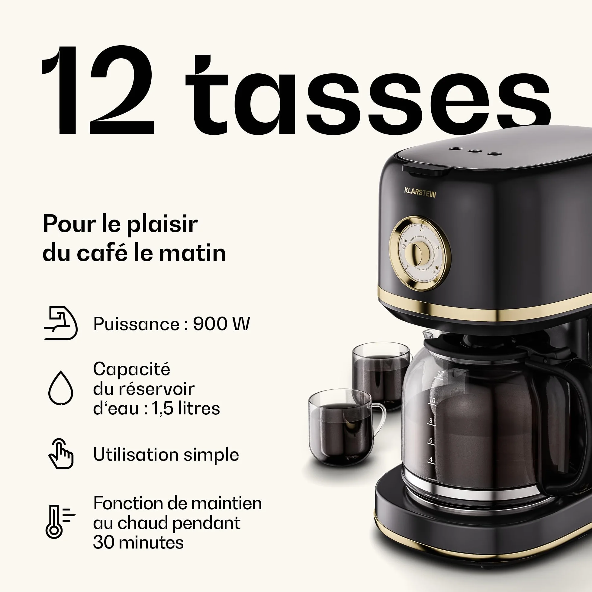KLARSTEIN Victoria Set Petit-Déjeuner Complet – Grille-Pain 2 Fentes 7 Niveaux, Bouilloire Électrique 1,7L, Cafetière Filtre 12 Tasses, Design Rétro, Noir