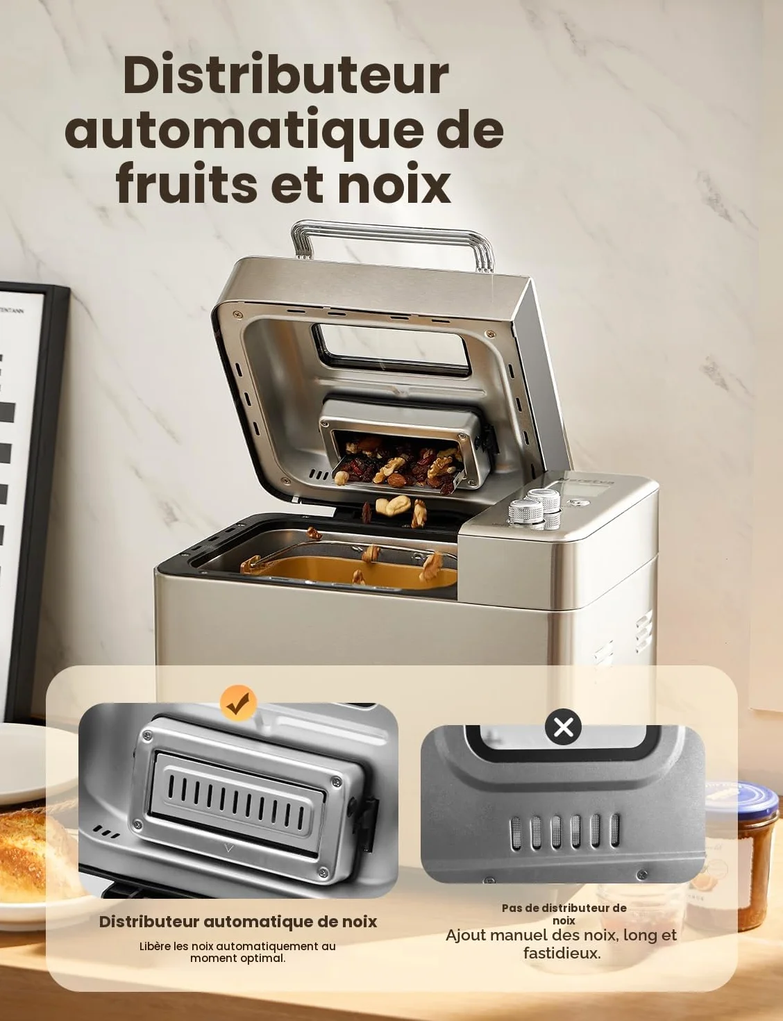 Neretva Machine à Pain Silencieuse Double Chauffage 1000G Bol Céramique Antiadhésif 17 Programmes Sans Gluten