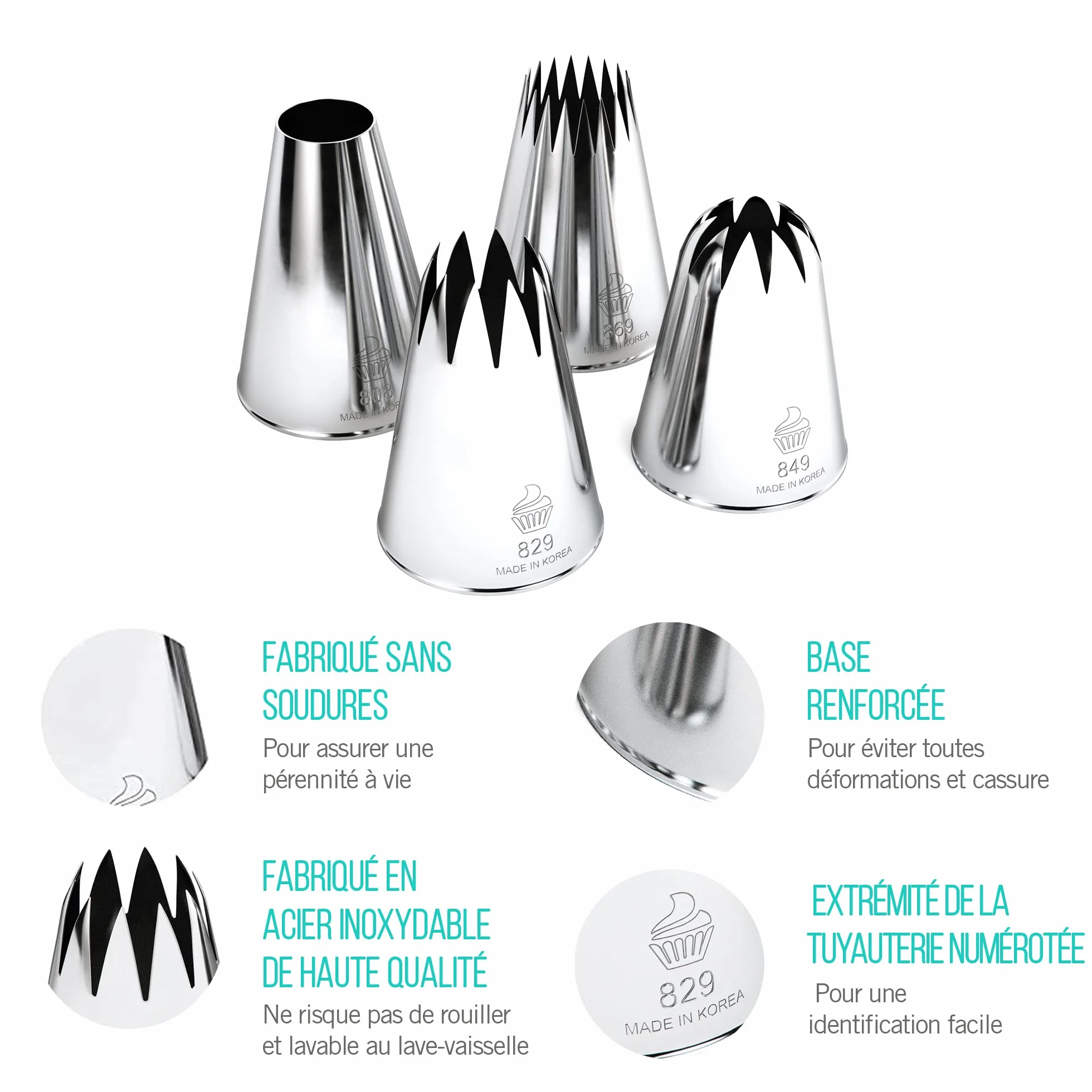 Jeu de 4 grandes douilles à pâtisserie professionnelles pour décorer gâteaux et cupcakes - Compatible poche à douille - Made in Korea