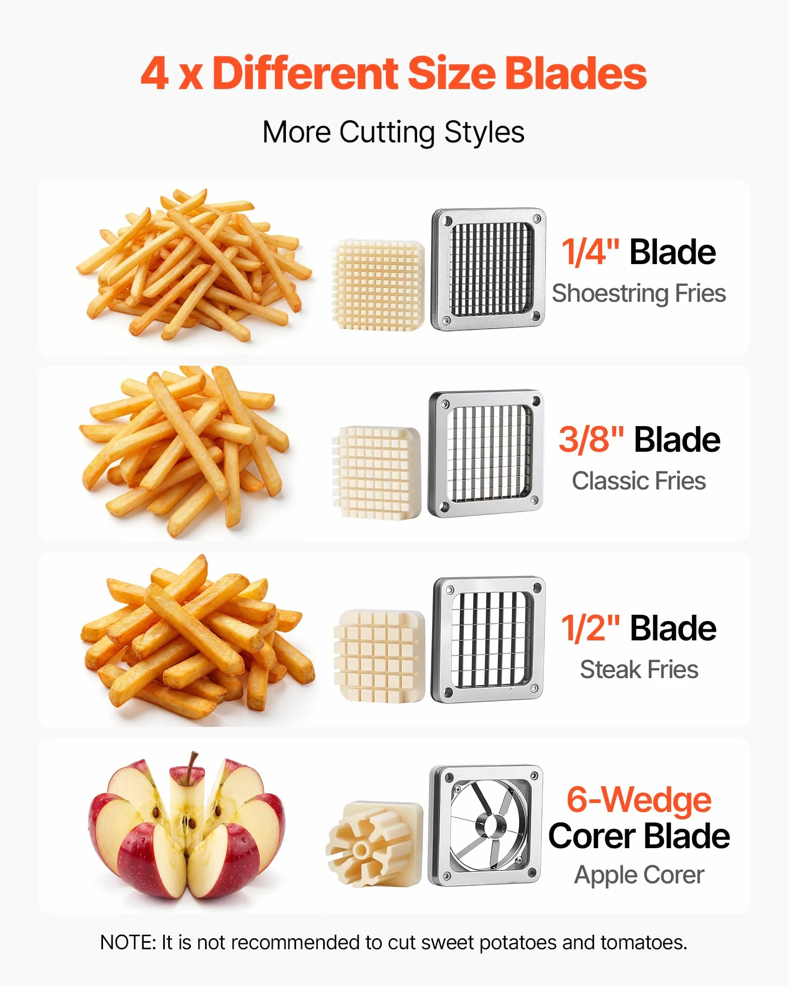 VEVOR Coupe Frites Manuel Professionnel, 4 Couteaux de Rechange 13 mm / 9 mm / 6 mm, Vide-pomme 6 Quartiers en Inox