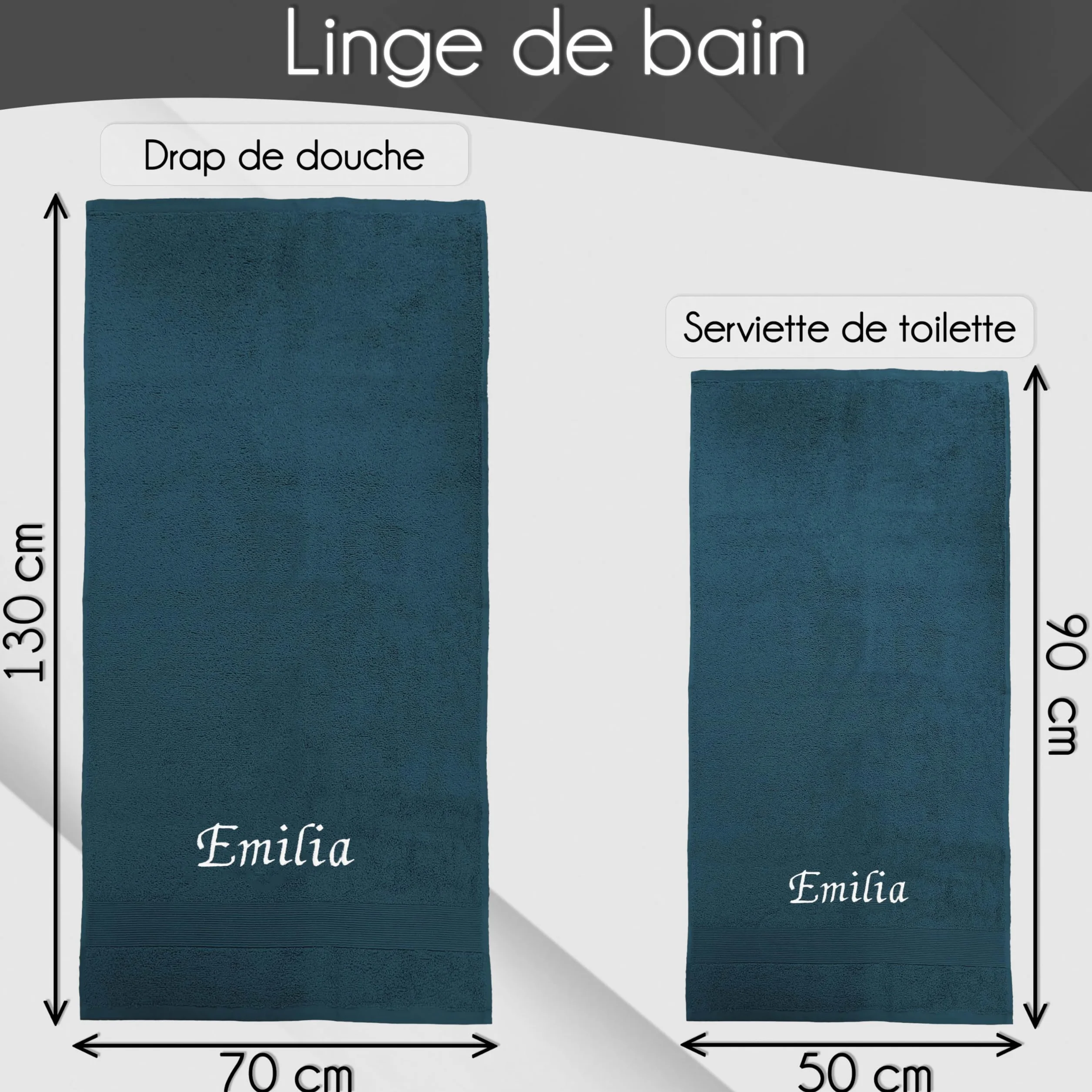 Serviette personnalisée 100% Coton Prénom brodé Drap de Bain Douche 70x130cm Bleu Nuit Cadeau Noël Anniversaire