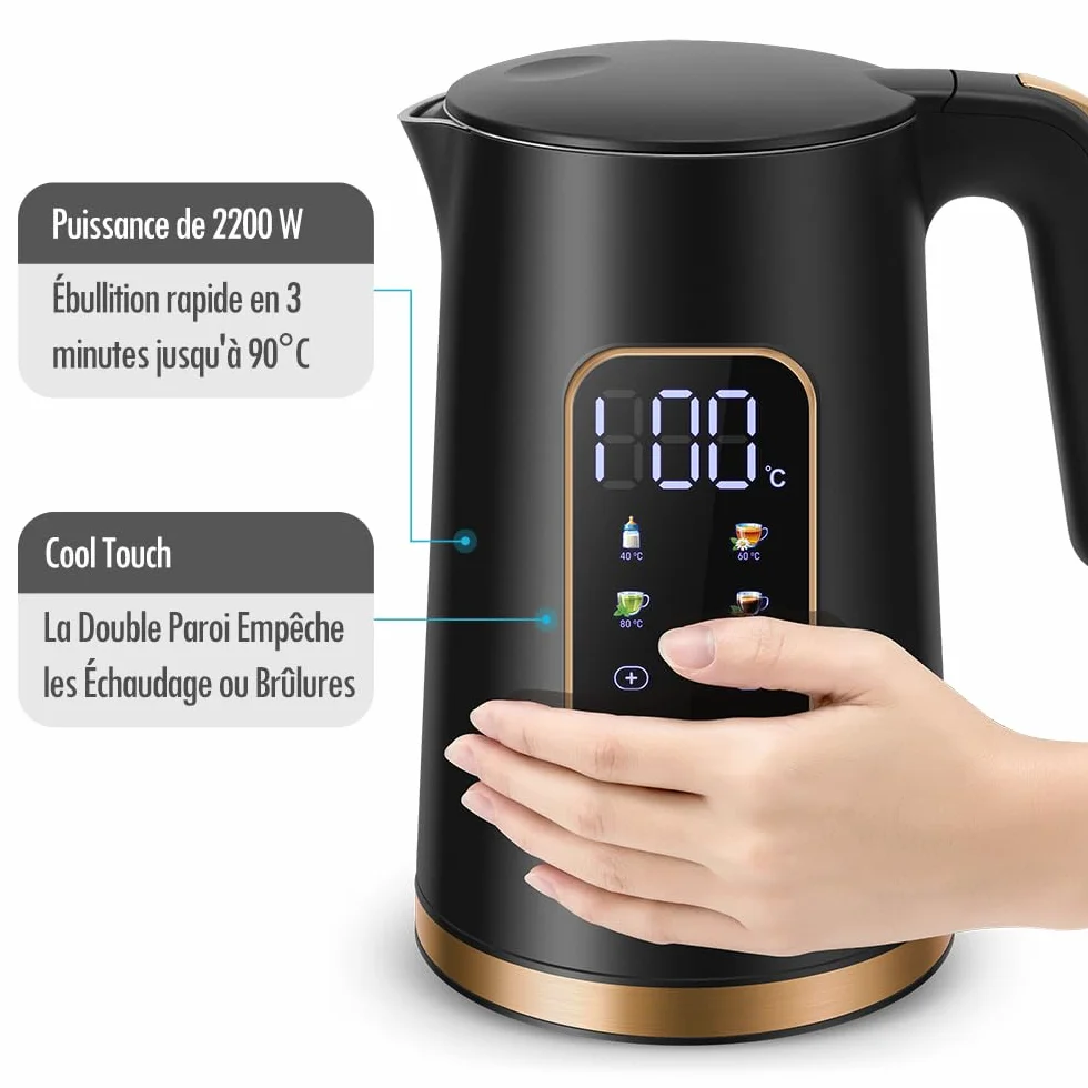 ForMe Bouilloire Electrique Inox 1,7L Contrôle de Température Réglable 40-100°C LED Affichage Maintien au Chaud