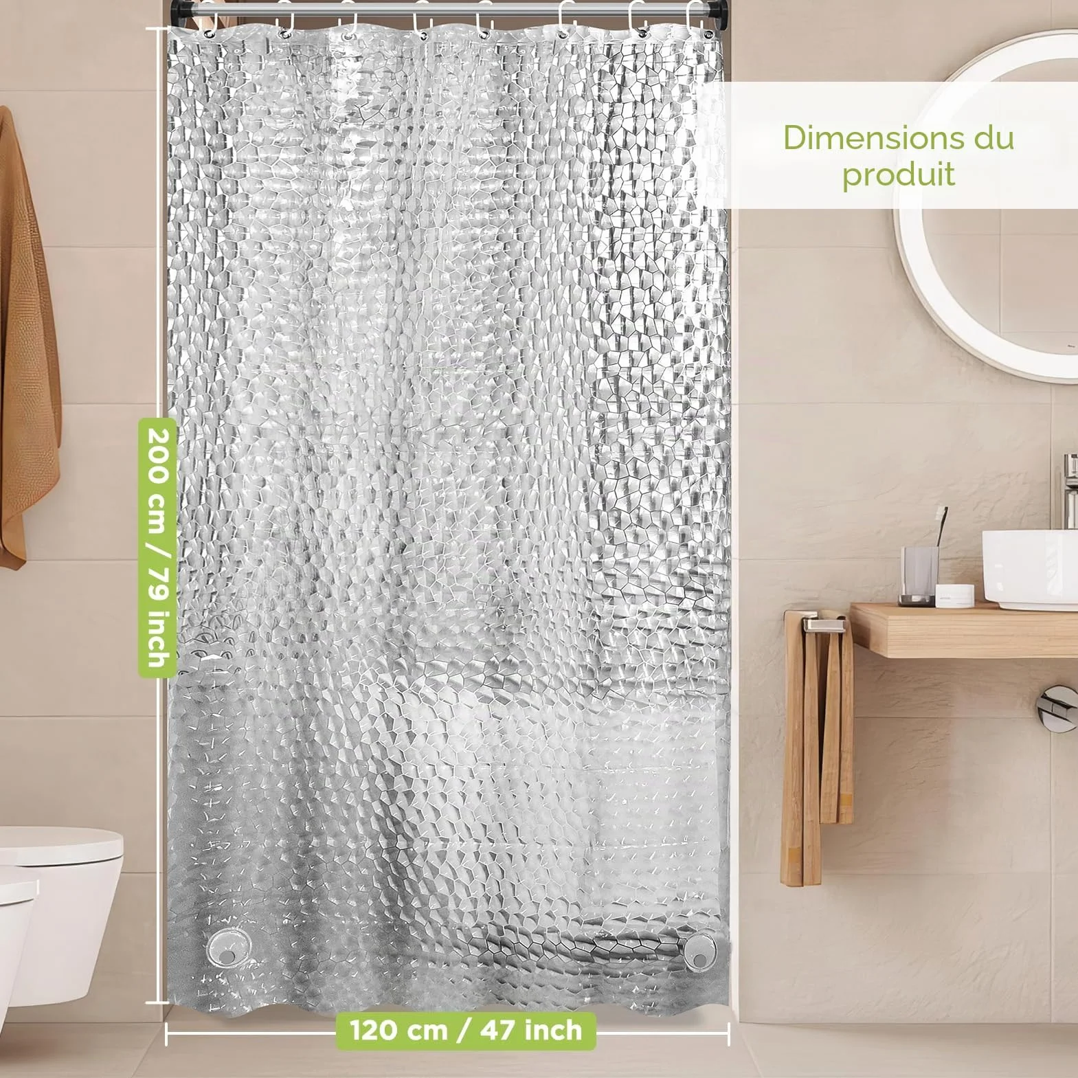 Rideau de Douche 120 x 200cm, 3D Semi Transparent EVA Anti Moisissure Imperméable avec 8 Anneaux