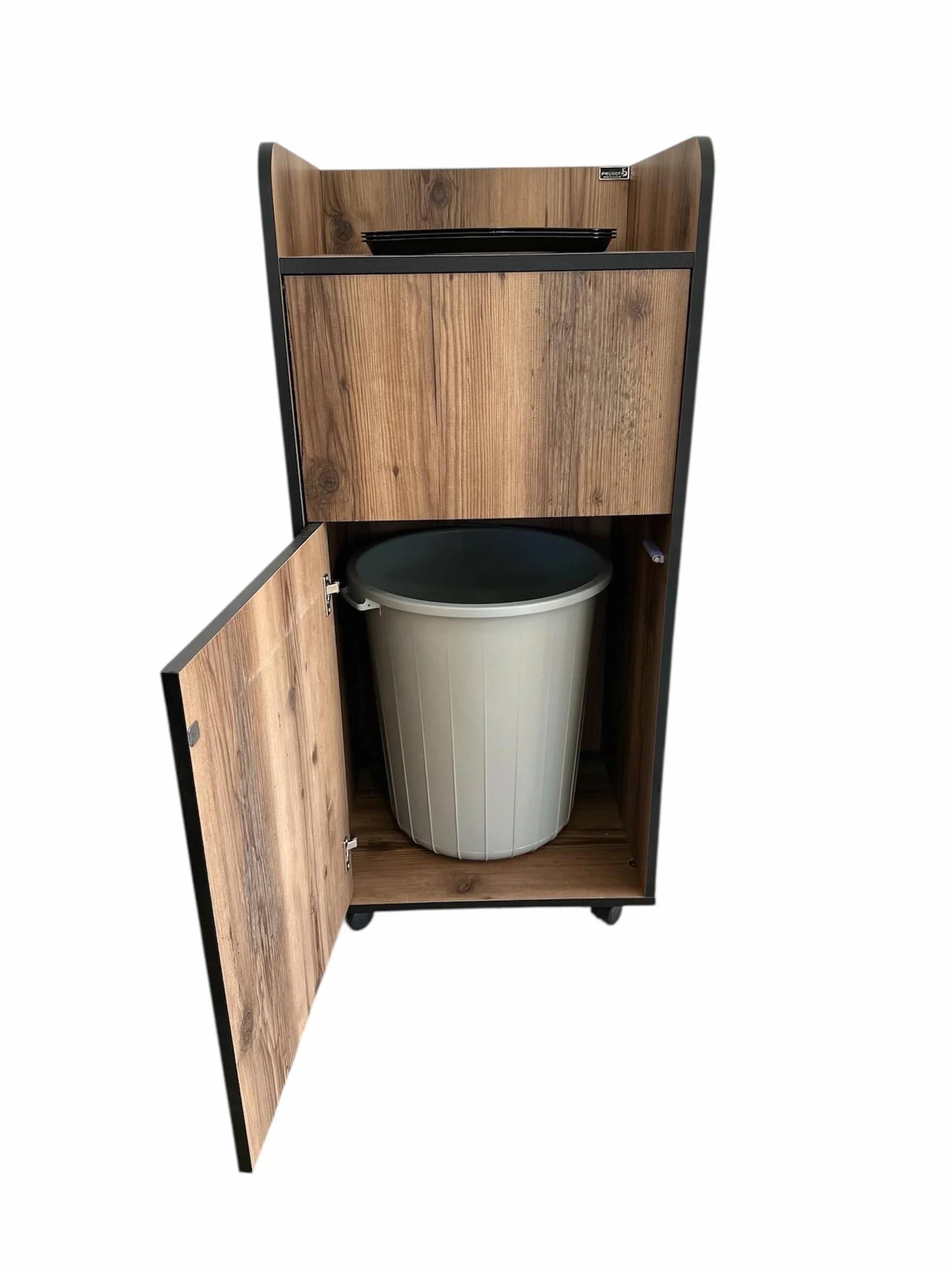 Meuble Poubelle Fast Food Horeca avec Bac PVC Trappe Bascule Coloris Bois