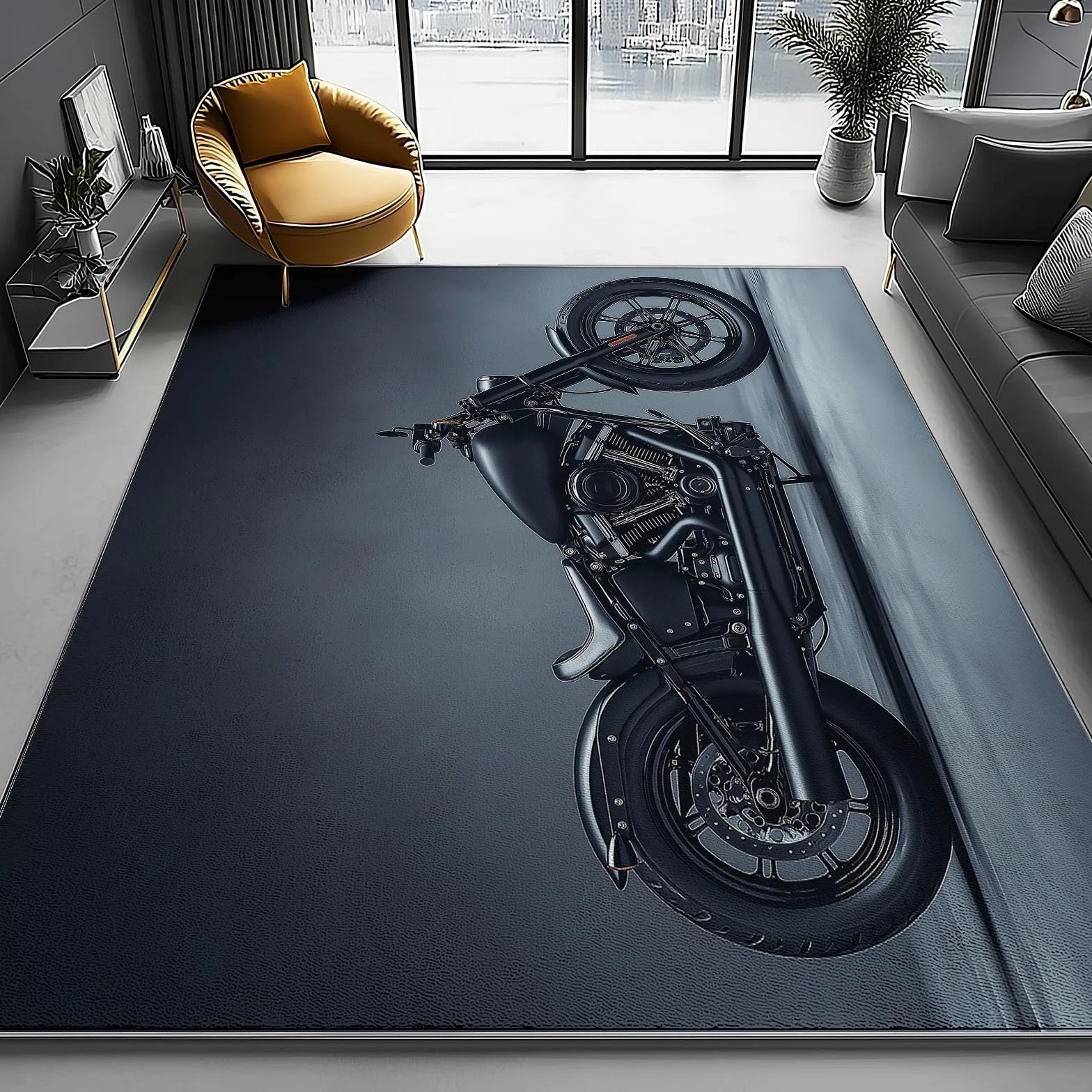 Tapis Salon Moto Moderne Imprimé Antidérapant 140 x 200 cm Noir