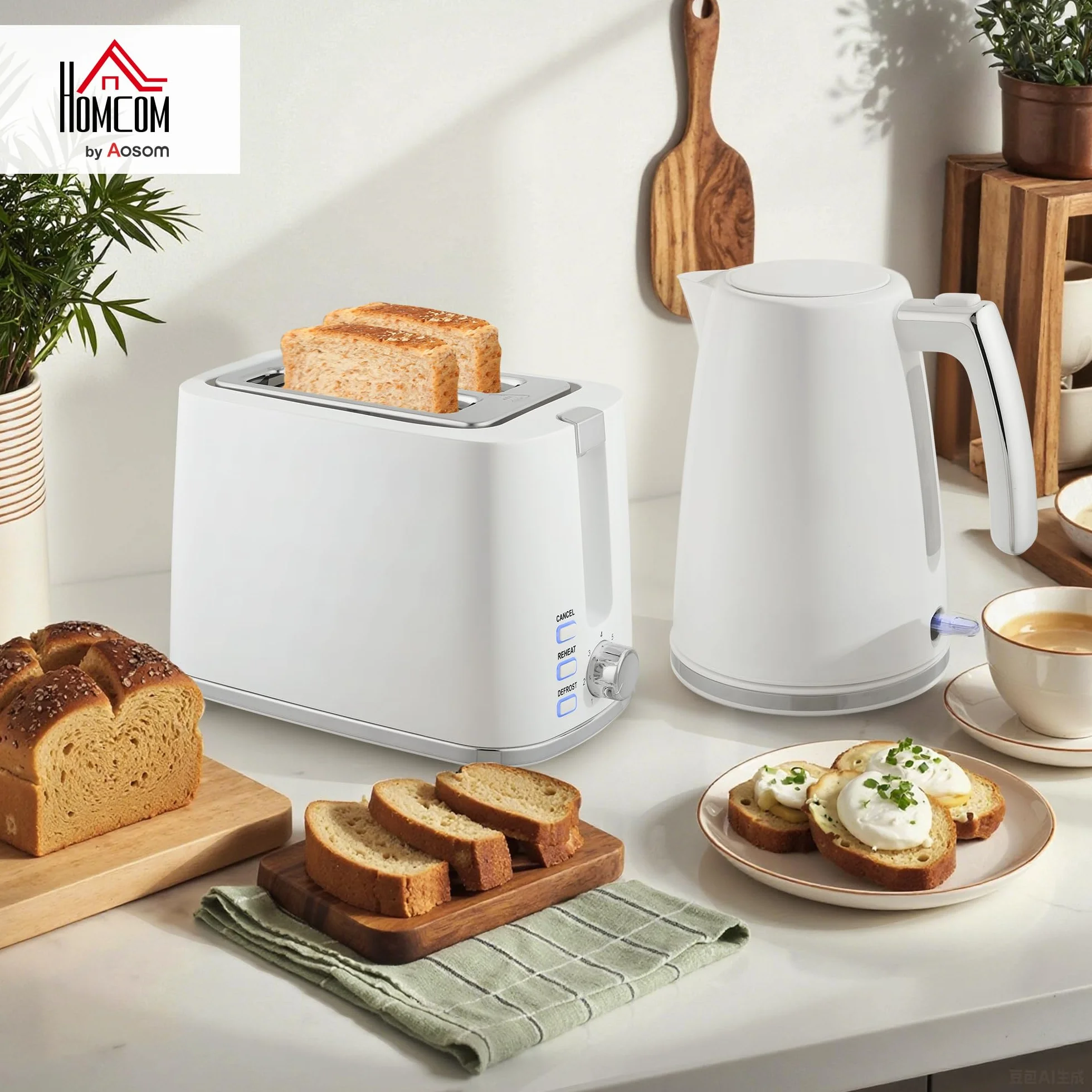 HOMCOM Bouilloire et Grille-Pain Acier 2200 W 1,7 L Thermostat Otter Filtre anticalcaire 2 tranches 7 Niveaux brunissage Blanc